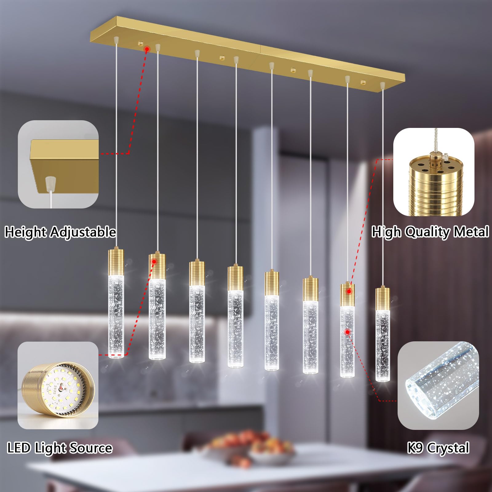dolria 8-Lights Modern Crystal Chandelier - Metal LED Pendant Light for Kitchen, Dining Room, Hallway - Gold Finish, Model PC0019-CT-8G