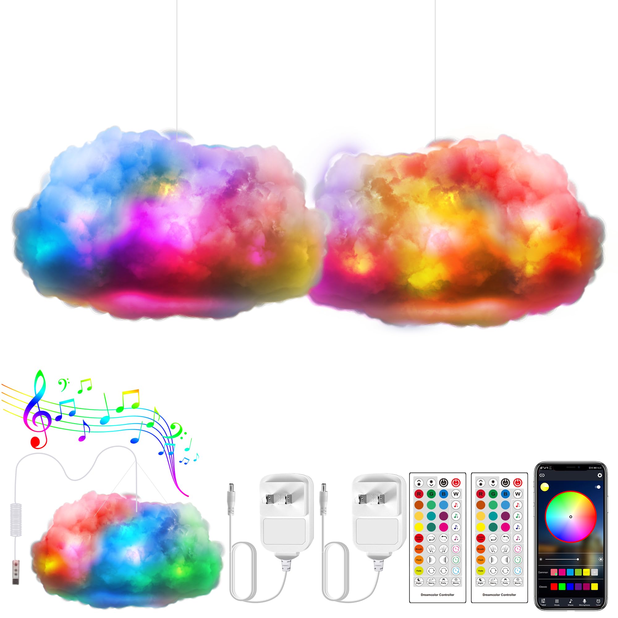 ViLSOM LED Cloud Light,2pcs RGB Cloud Lights with IC Remote Control and APP Control Cool Lights Sync Music Color Changing Led Lights for Bedroom Ceiling Adults and Kids Modern Home Decorations