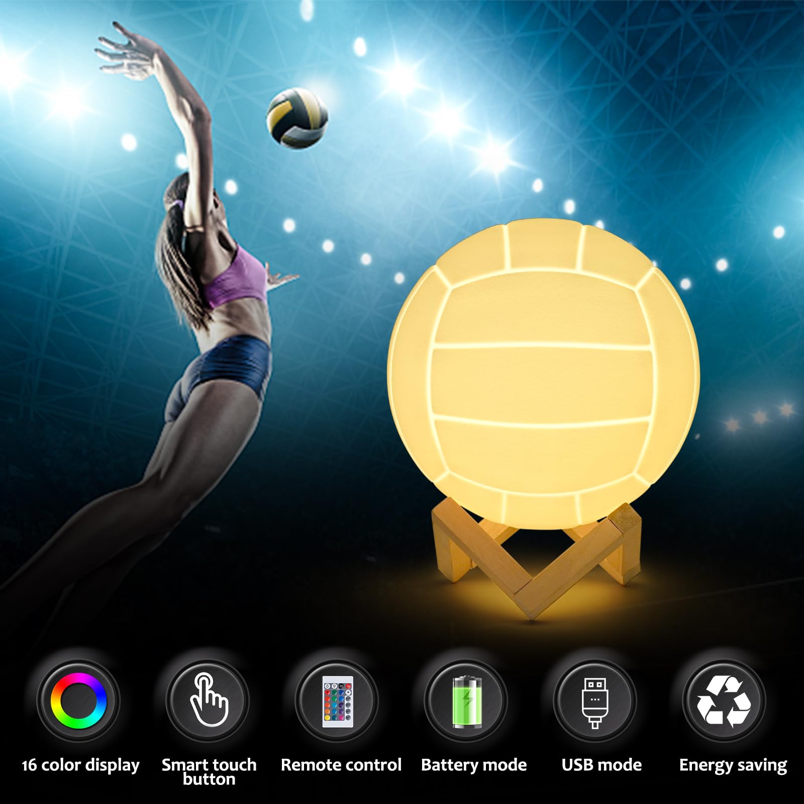 Mydhall 3D Night Light Volleyball Lamp, Remote Control, 16 Colors, 7.1 inches, Plastic, Model VL-15, Great for Sports Fans