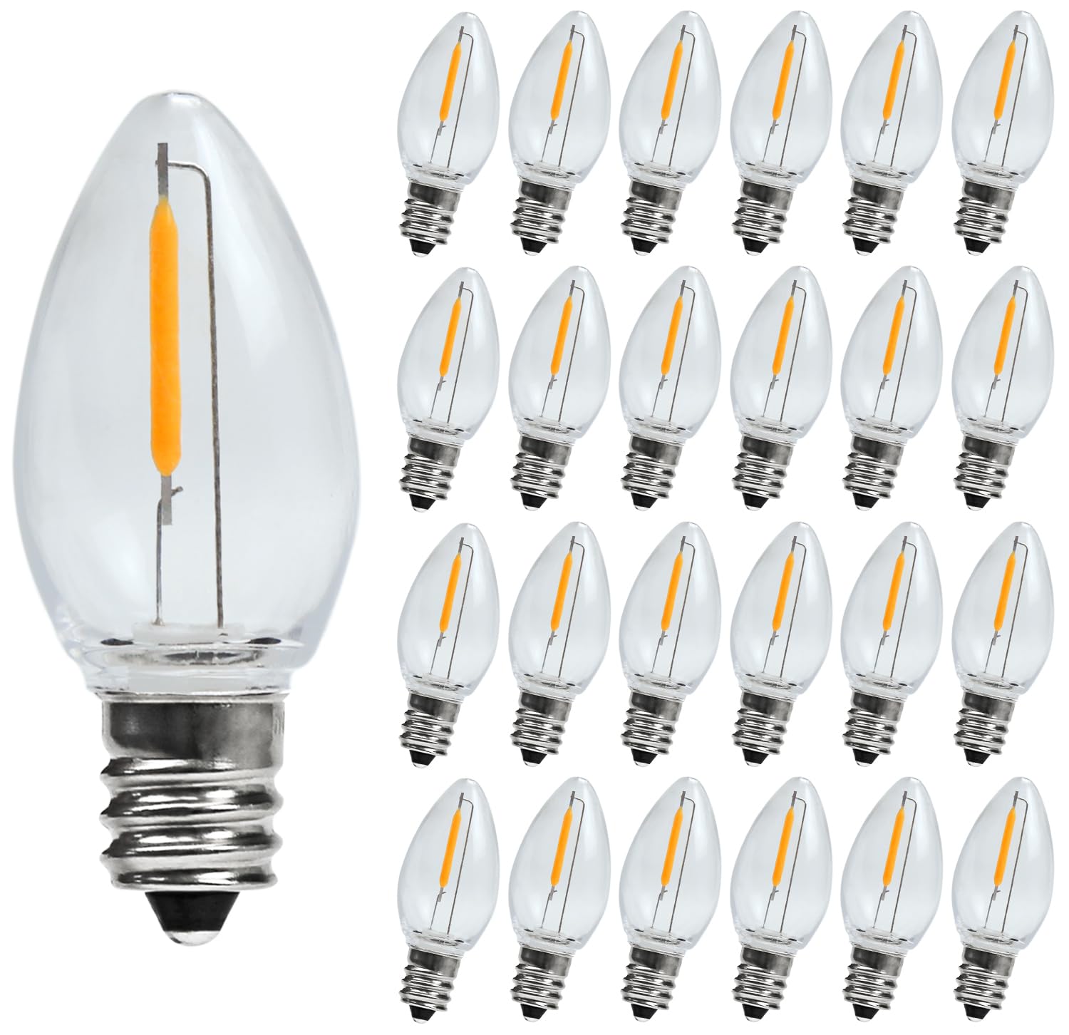 Kiraralite LED Night Light Bulb  Led Replacement Bulbs for Christmas String Lights  Shatterproof & Waterproof Led Bulbs  E12 Candelabra Base  0.6W Equivalent to 7W  2200K Warm White  Plastic 25 Pack