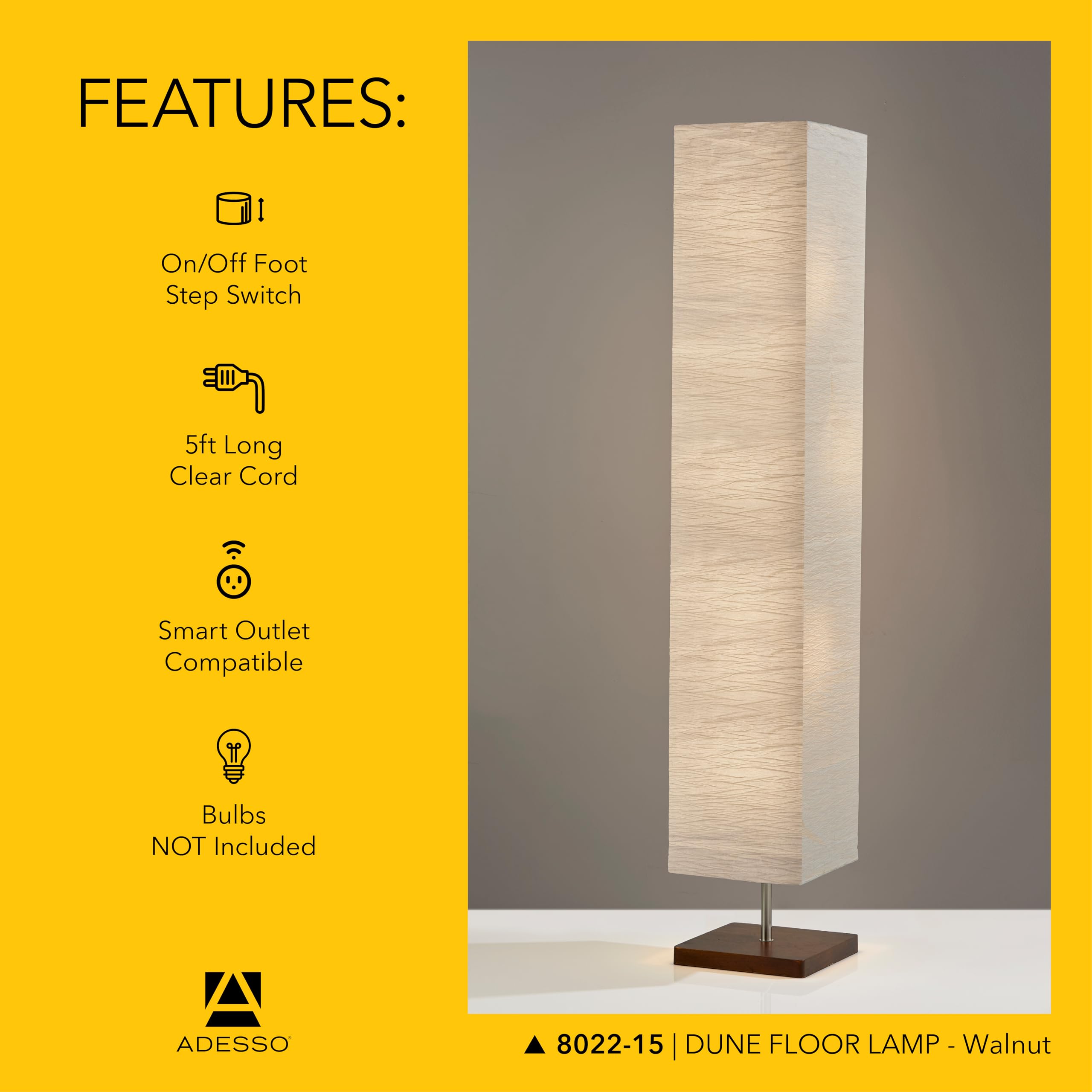 Adesso Three Light Floor Lamp - Adjustable Brightness, Walnut Base, Model 8022-15, Ideal for Bedroom & Living Room Decor
