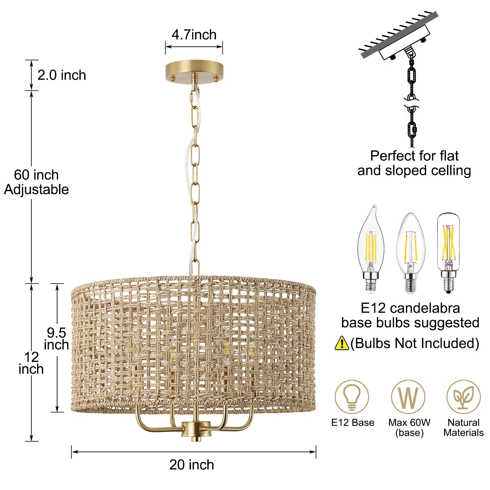 Giutna Rattan Drum Chandelier, 4-Light Bohemian Pendant Light Fixture, Gold, Hand-Woven for Dining Room, Entryway, Living Room, CHANDELIER02