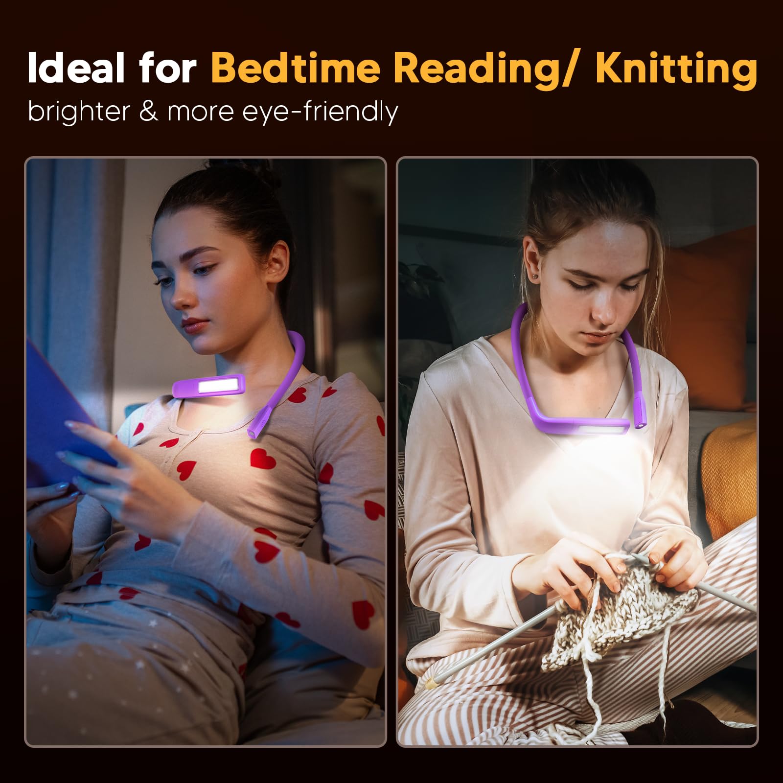 Voilet Neck Light With Storage Case, 10-80Hrs Eye-Friendly Book Reading Light, Knitting Crochet Sewing Craft Light Rechargeable