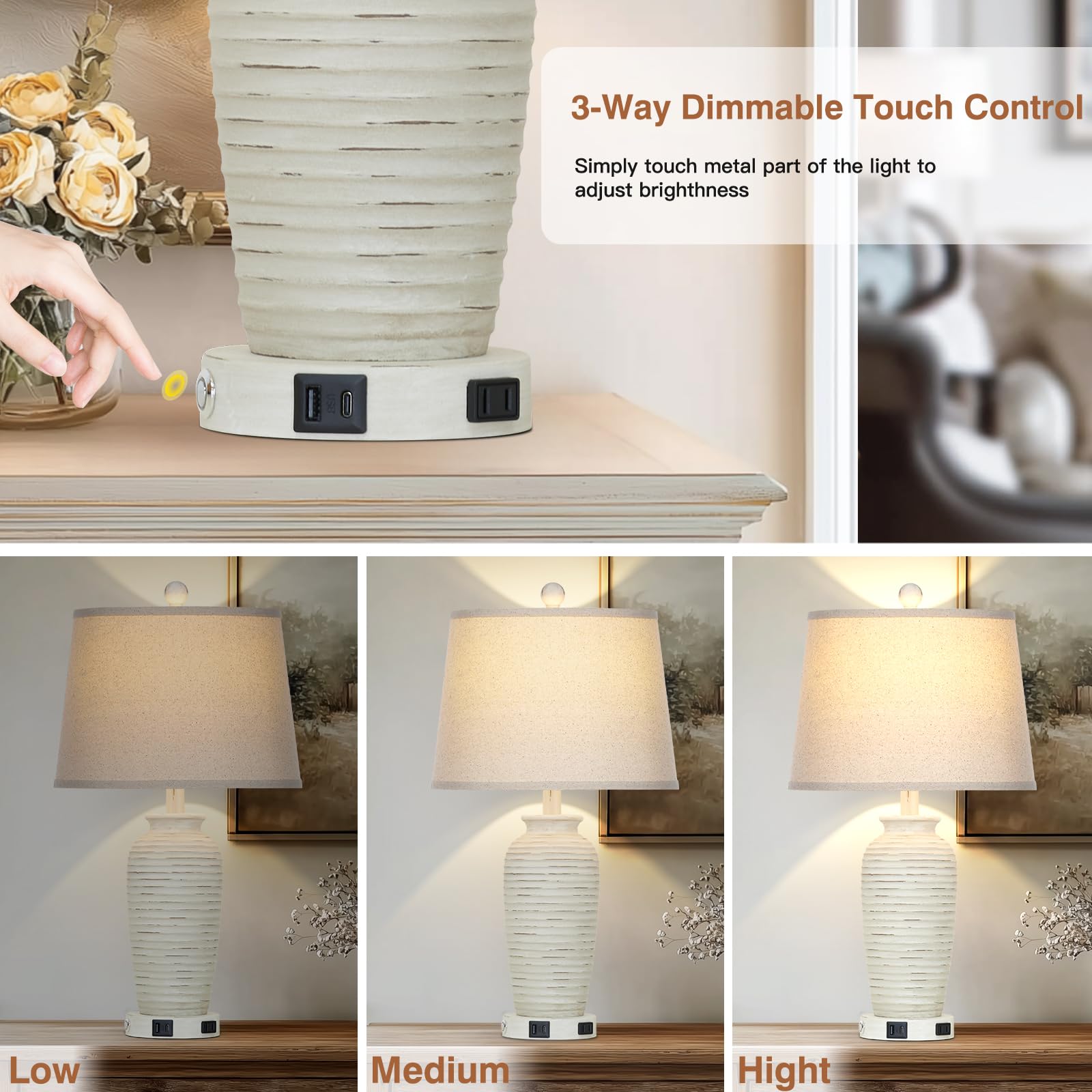 CINSARY 25" Retro White Farmhouse Jar Table Lamps Set of 2, 3 Way Touch Control with USB Ports, LED Bulbs Included