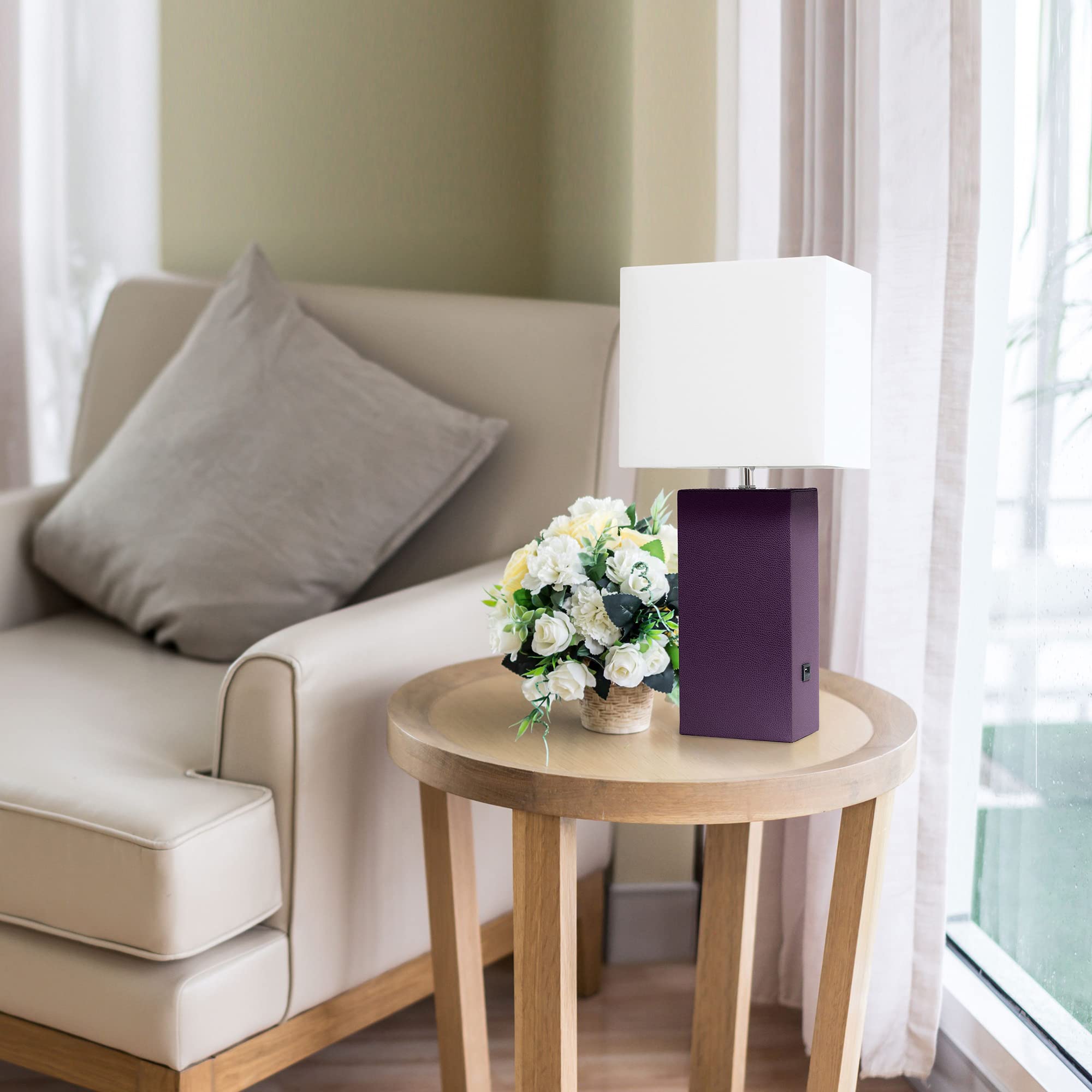 LALIA HOME Lexington 21in Leather Base Bedside Table Lamp, USB Charging Port, Eggplant Purple, Model LHT-3012