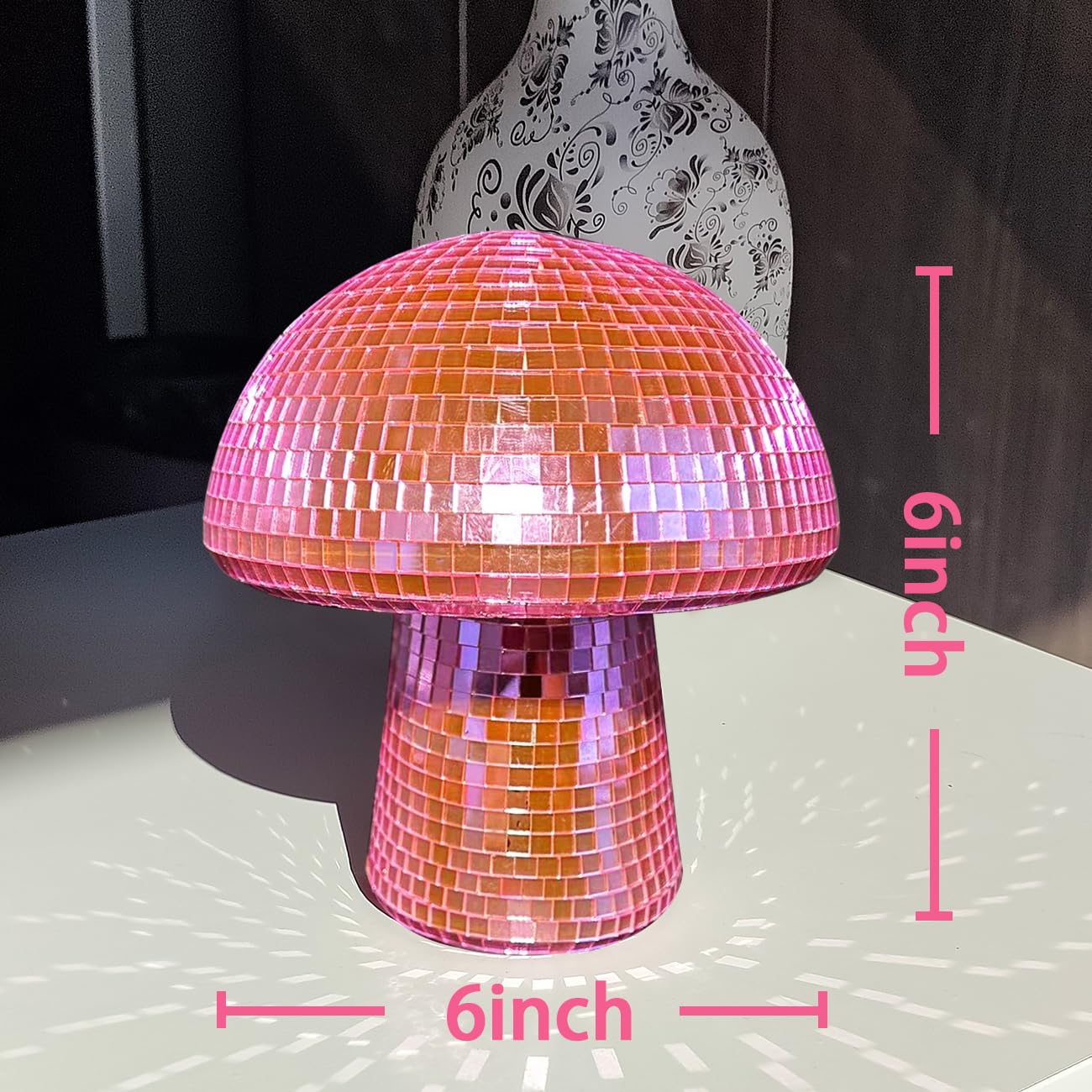IJG Mushroom Disco Ball with Lights, 6 Inch Pink Plastic Home Art Decoration, Retro Design