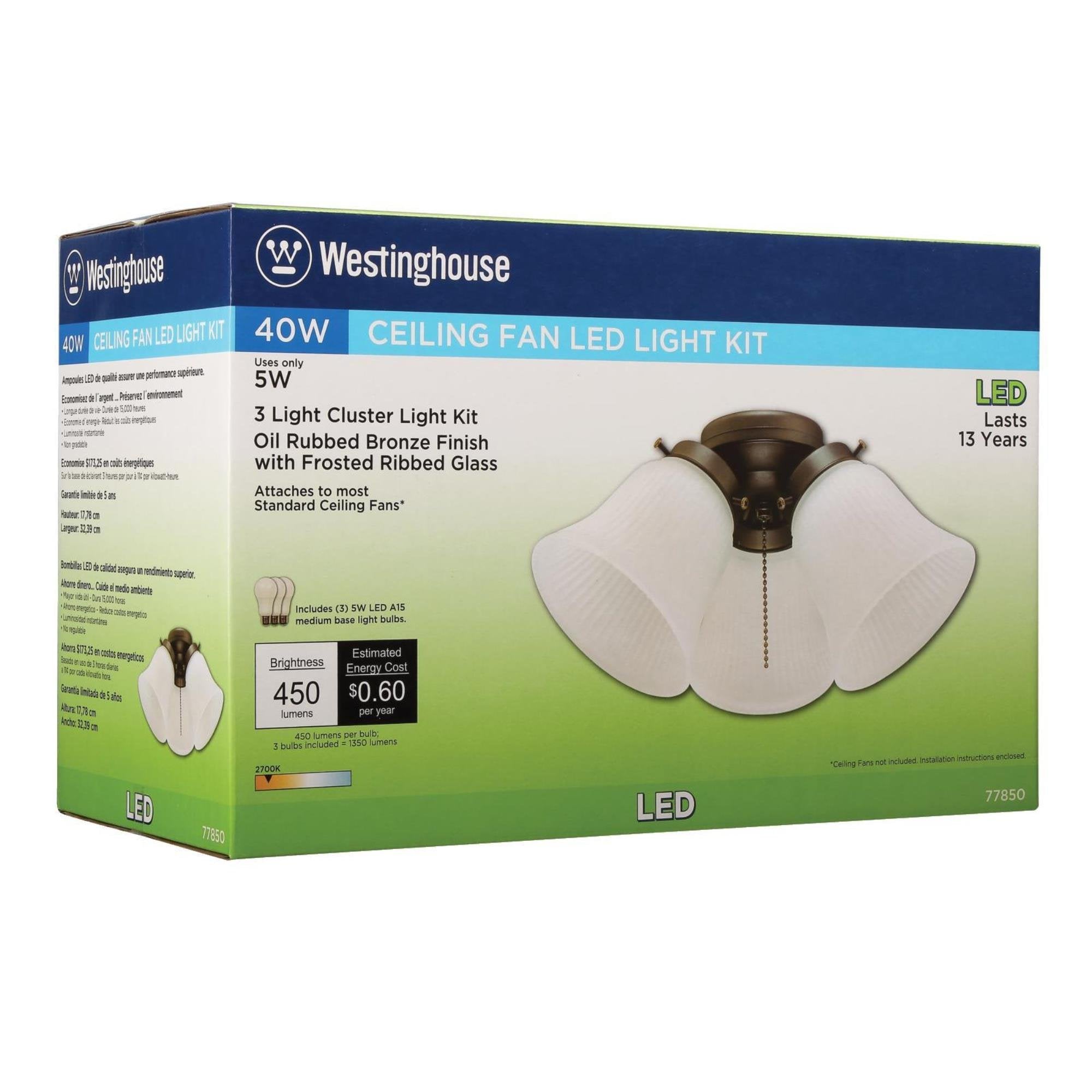 Westinghouse 7785000 Three-Light Led Cluster Ceiling Fan Light Kit, Oil Rubbed Bronze Finish With Frosted Ribbed Glass , White
