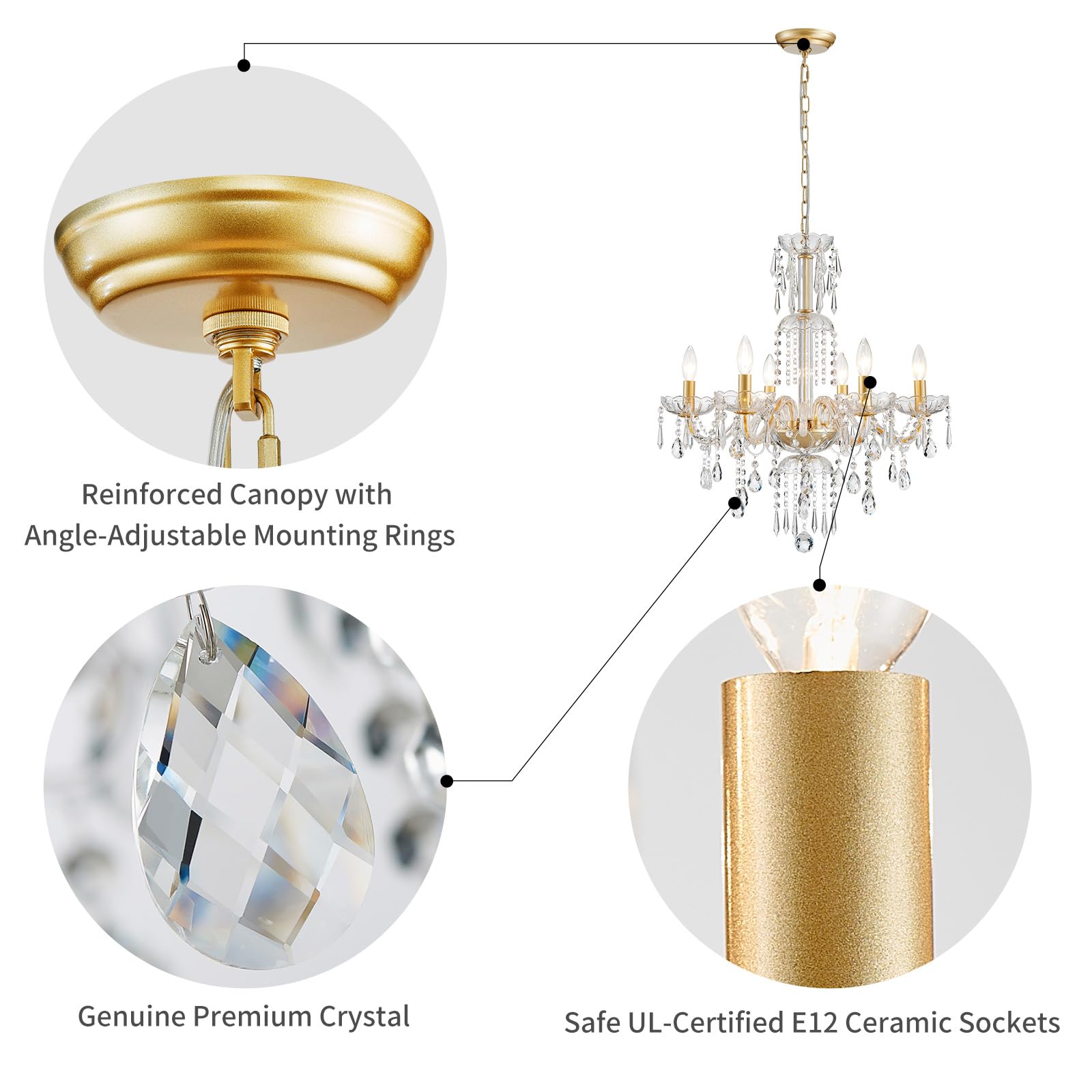 Wuzups 6-Light Crystal Candle Chandelier Pendant Ceiling Light Modern Lighting Fixture For Bedroom Hallway Bar Kitchen Bathroom  H 25.6 W 24.4  E12 Base  Gold