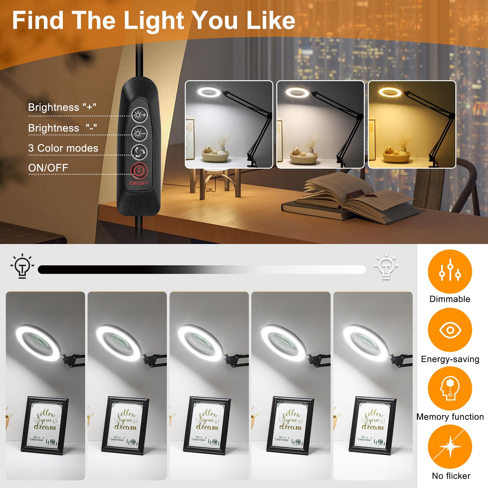 Tomsoo 10X Magnifying Glass With Light, Dimmable Led Desk Lamp, Hands-Free Clamp, Black