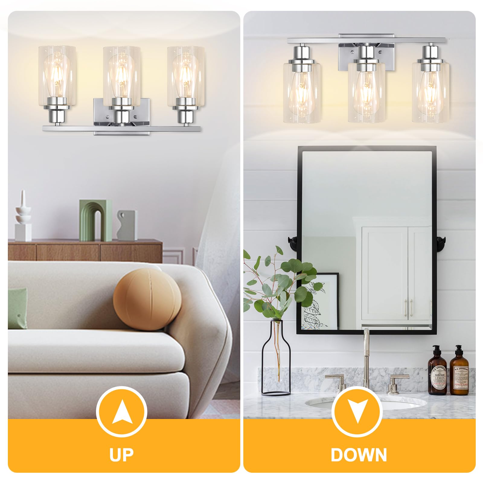 Apenath 3 Light Vanity Light Fixtures, Polished Chrome Wall Sconces, Metal Glass, Model FLUS-CH3L-01