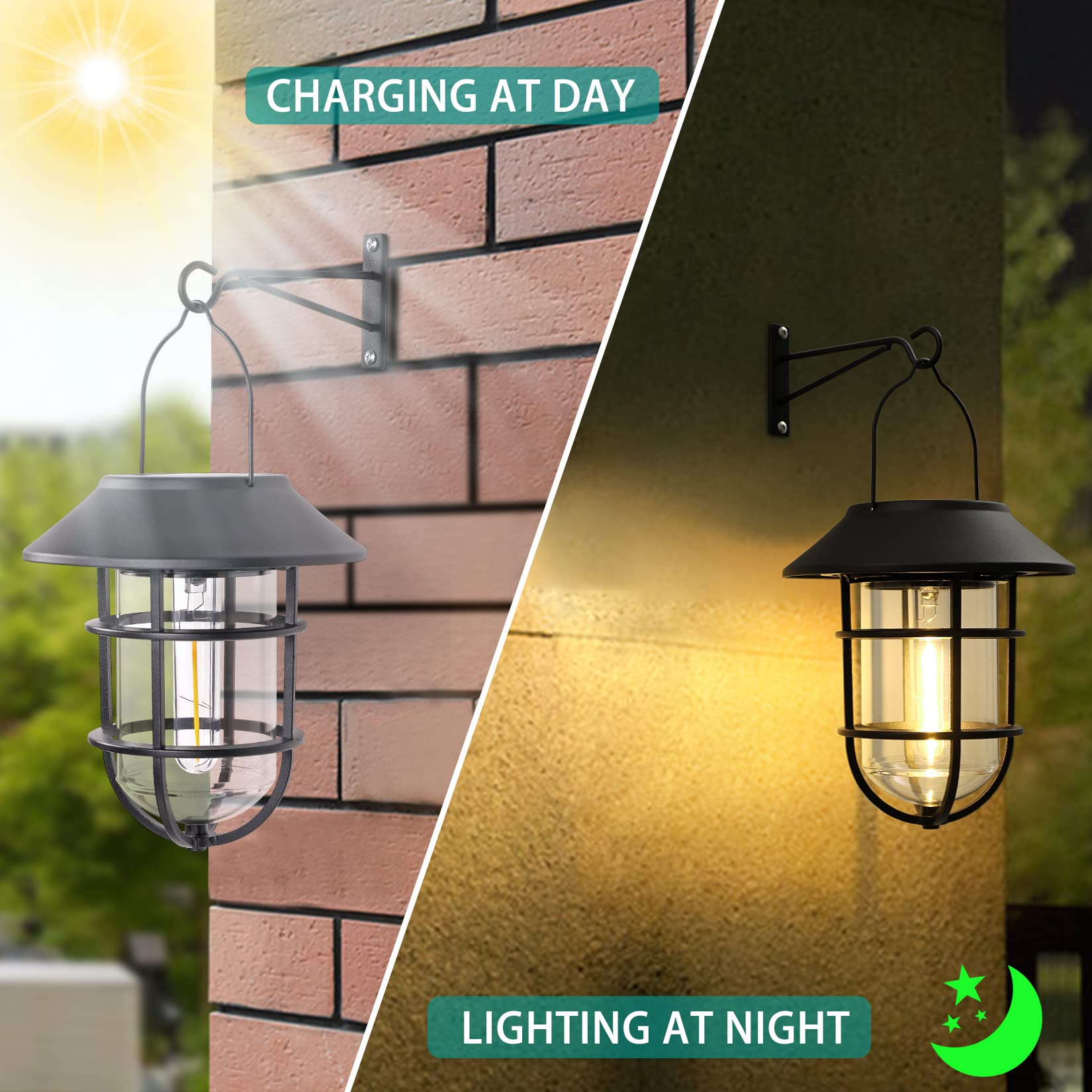 Derynome Solar Outdoor Lights - Waterproof Hanging Lanterns with Wall Mount Kit, Black, Aluminum, Model JM018SLPK2, 2 Pack