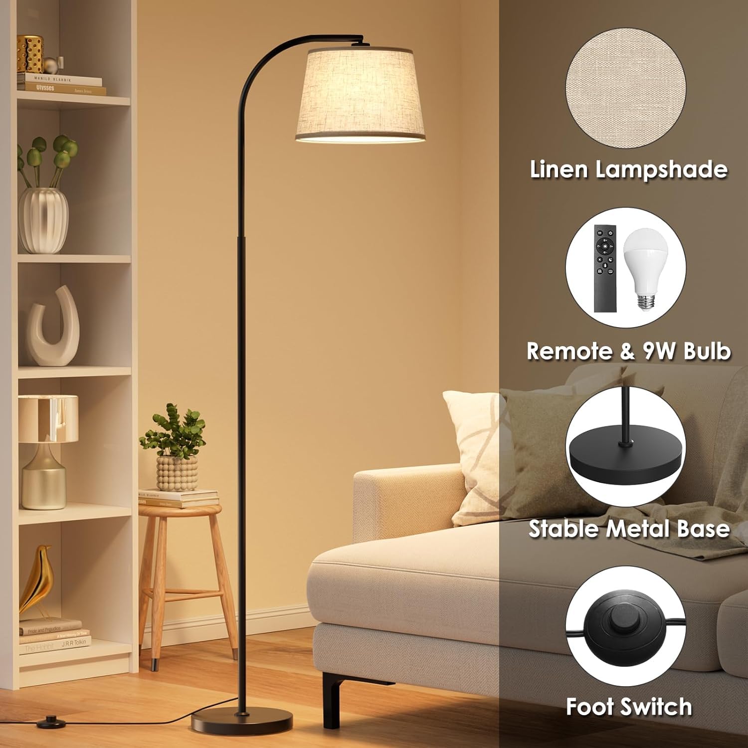 Karjoefar Arc Floor Lamp, 64in Stepless Dimmable, 350° Rotatable Shade, Remote Control, Black, Metal
