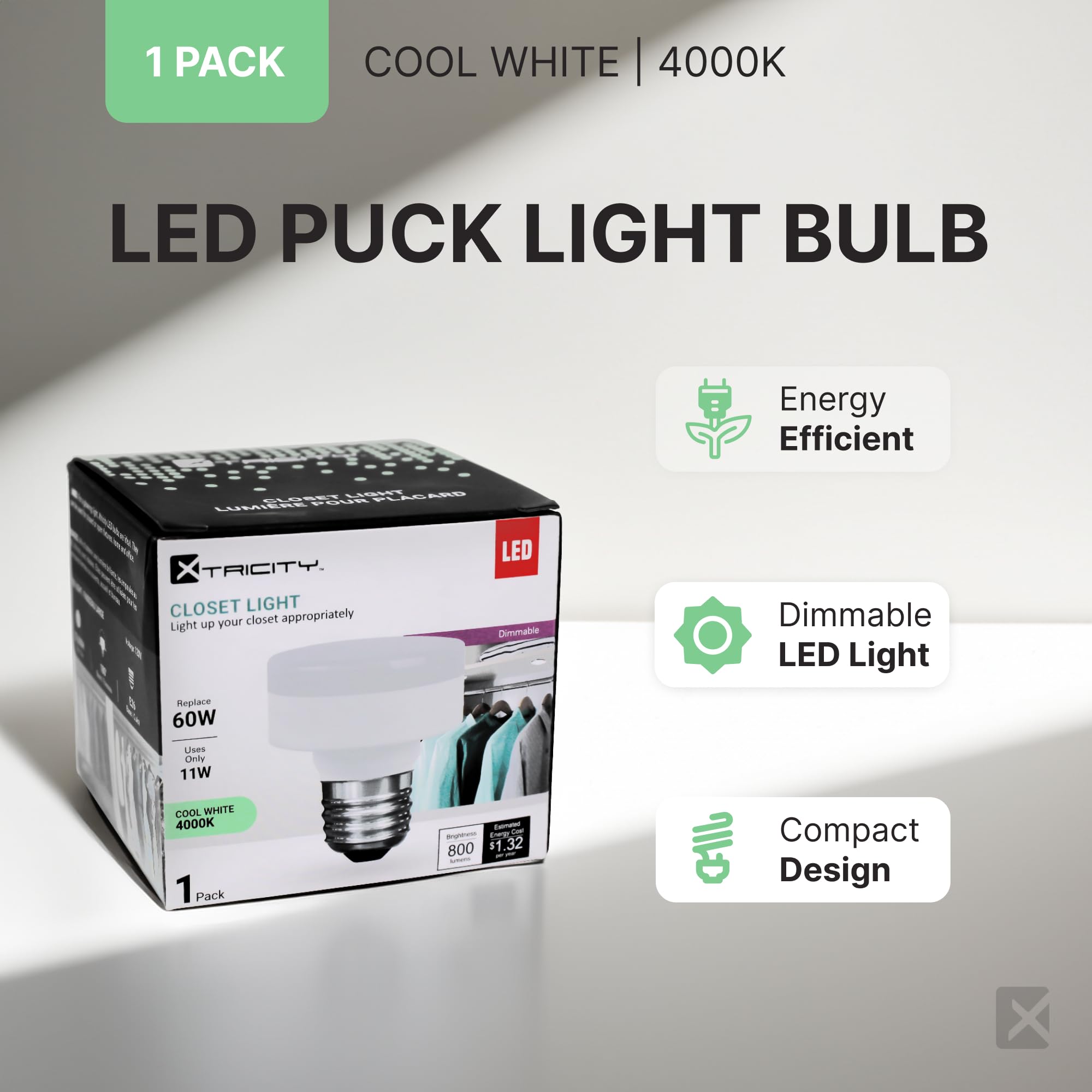Xtricity LED Puck Light Bulb, Dimmable 11W (60W Equivalent), 800 Lumens, 4000K Cool White, E26 Base, Low Profile, UL