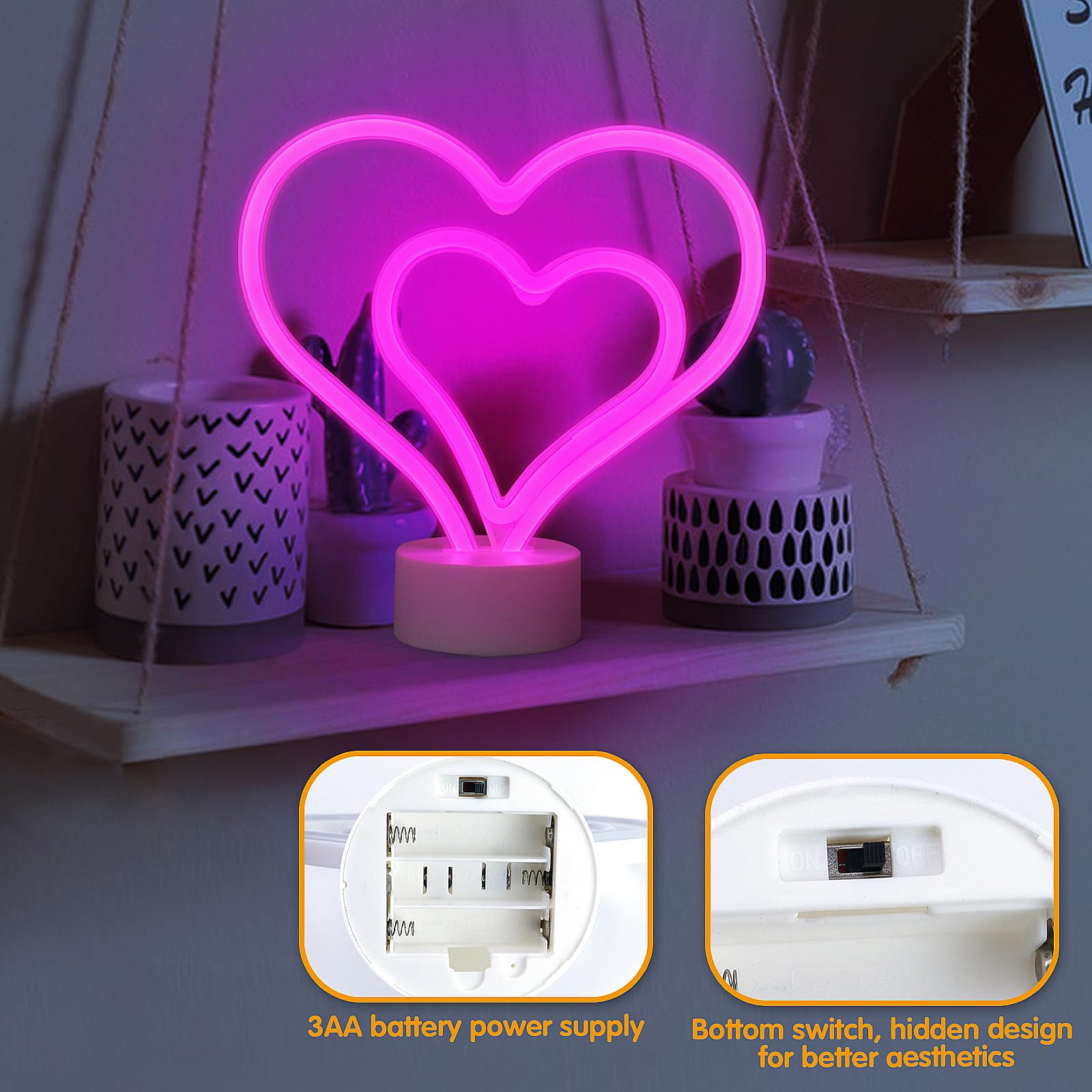 Halovin Pink Heart Neon Sign - LED Night Lamp, Battery Powered, Cute Decor for Bedroom, Home, Wedding & Party, Model XM241204