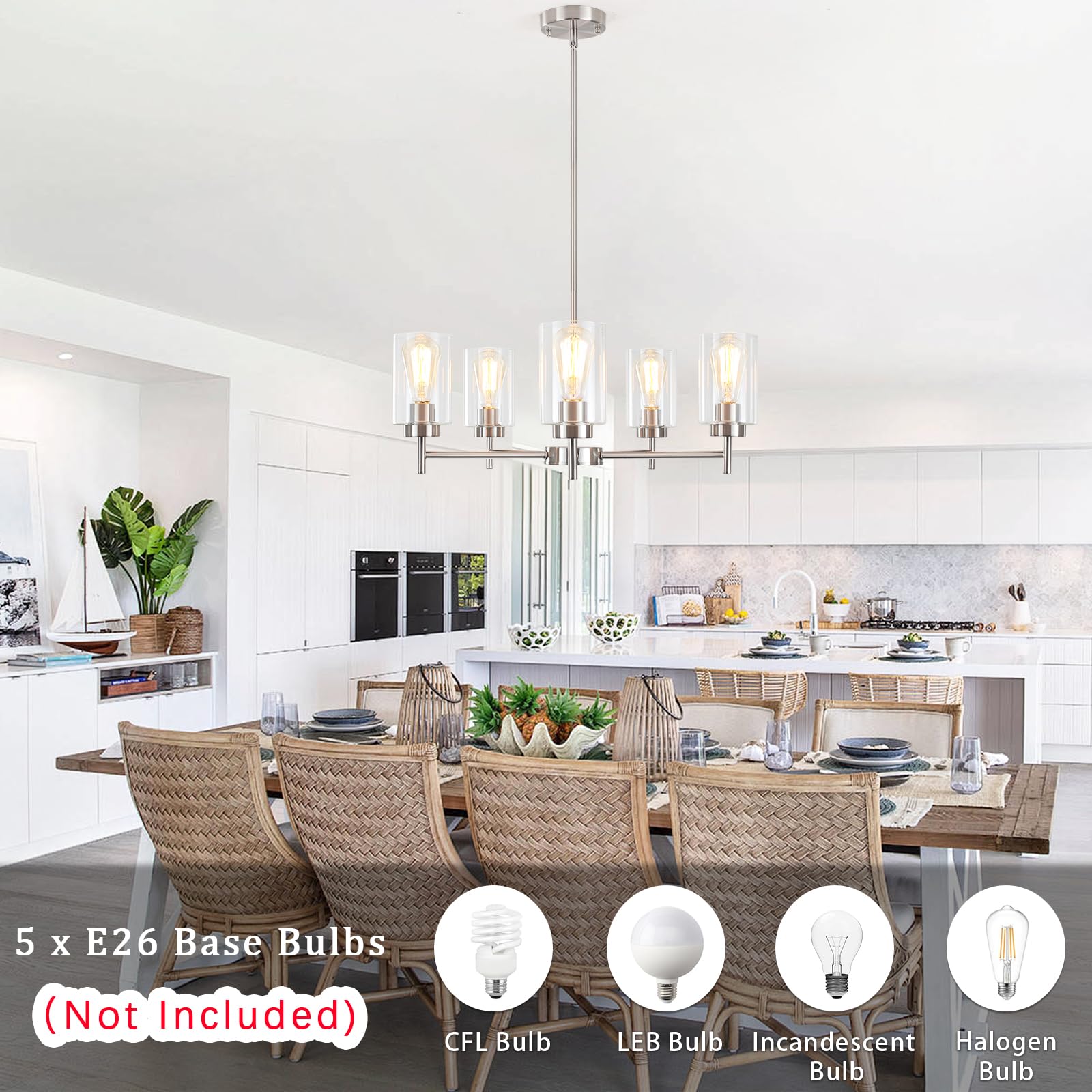 Brushed Nickel Chandelier Dining Room Light Fixture Over Table 5 Lights 24" Farmhouse Chandelier With Glass Shade Hanging Pendant Light Modern Chandeliers For Living Room Entryway Kitchen Foyer