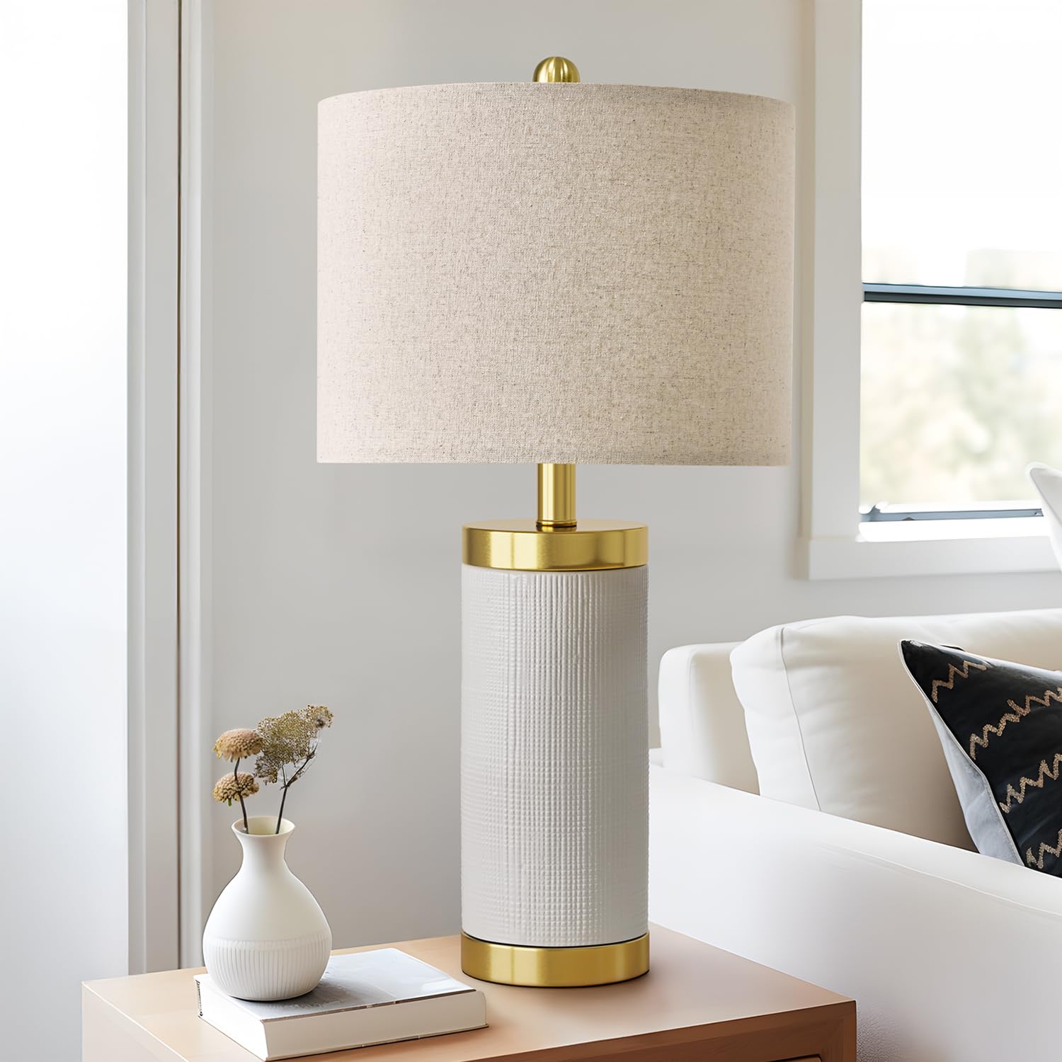 Usumkky 24.5" Modern Ceramic White Single Bedside Lamp For Bedroom Decor Farmhouse Table Lamp For Living Room Office Dorm