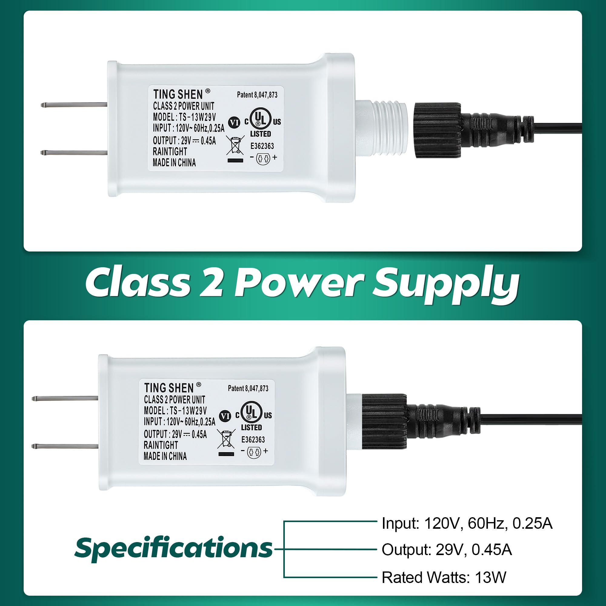 Enhon 29V LED Power Supply, UL Certified Transformer, US Plug Adapter for Christmas Tree Lights, Model TS-13W29V, White