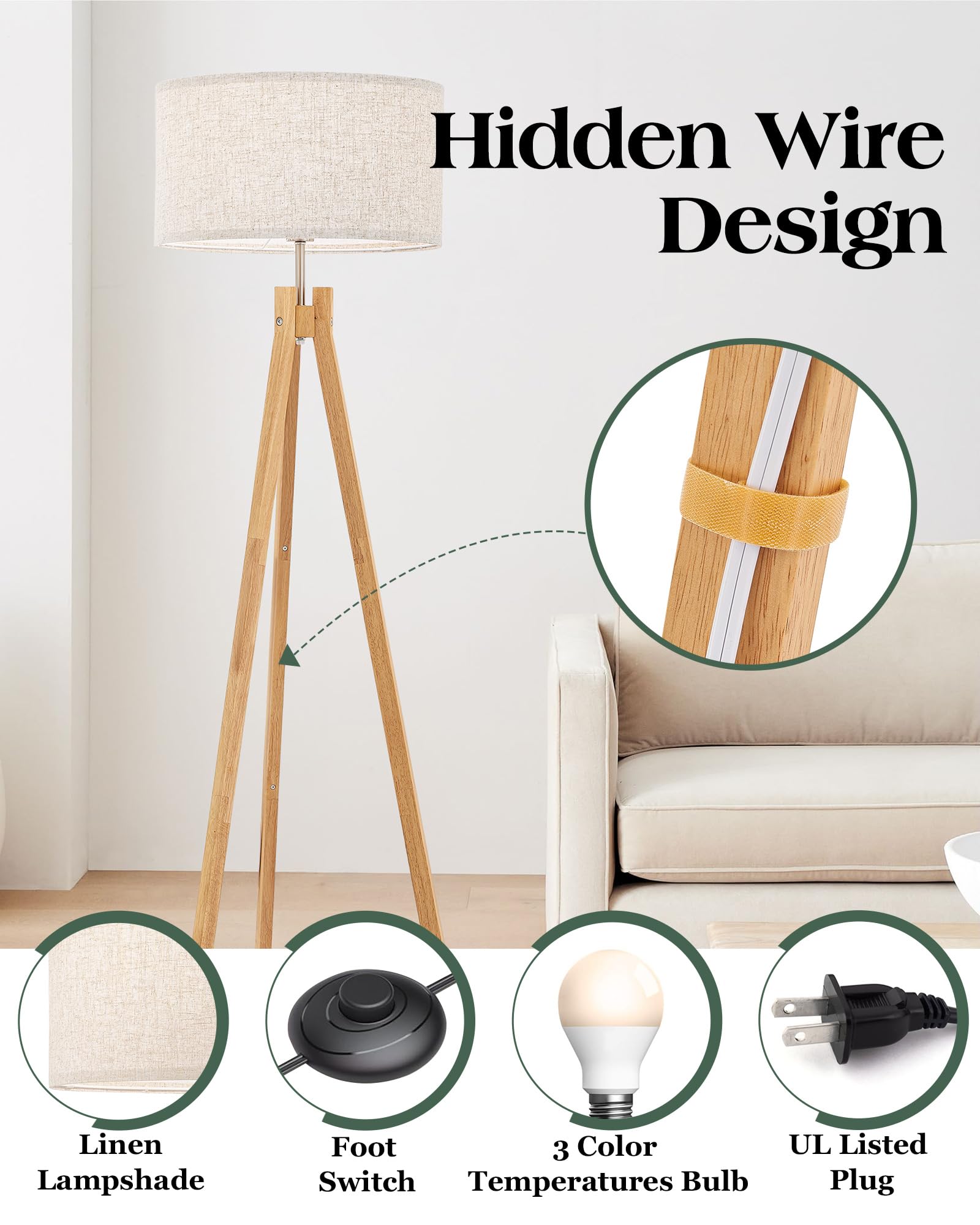 ELYONA Nordic Wood Tripod Floor Lamp - Modern Reading Light with 3 Color Temperatures, Natural Wood, Model UF1103-NAT