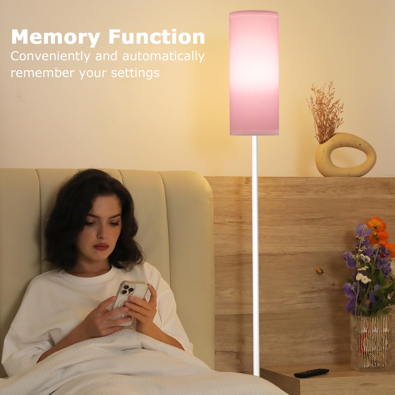 Ambimall Floor Lamp with Remote Control, Dimmable Brightness, 64.57in Metal, Pink & White, Model RPT-ZGB50513