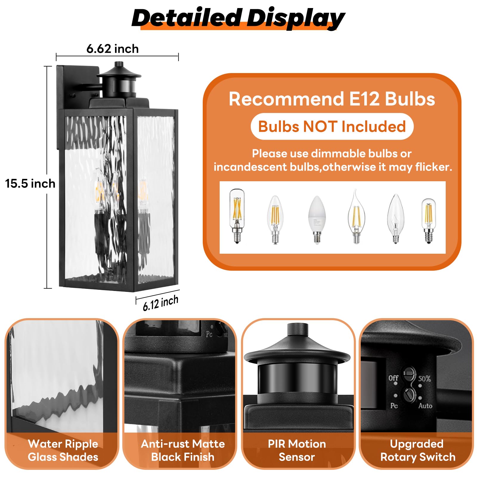 Large Motion Sensor Outdoor Wall Light, Black Exterior Wall Sconce Light Fixtures With Water-Rippled Glass, Waterproof Modern Ou