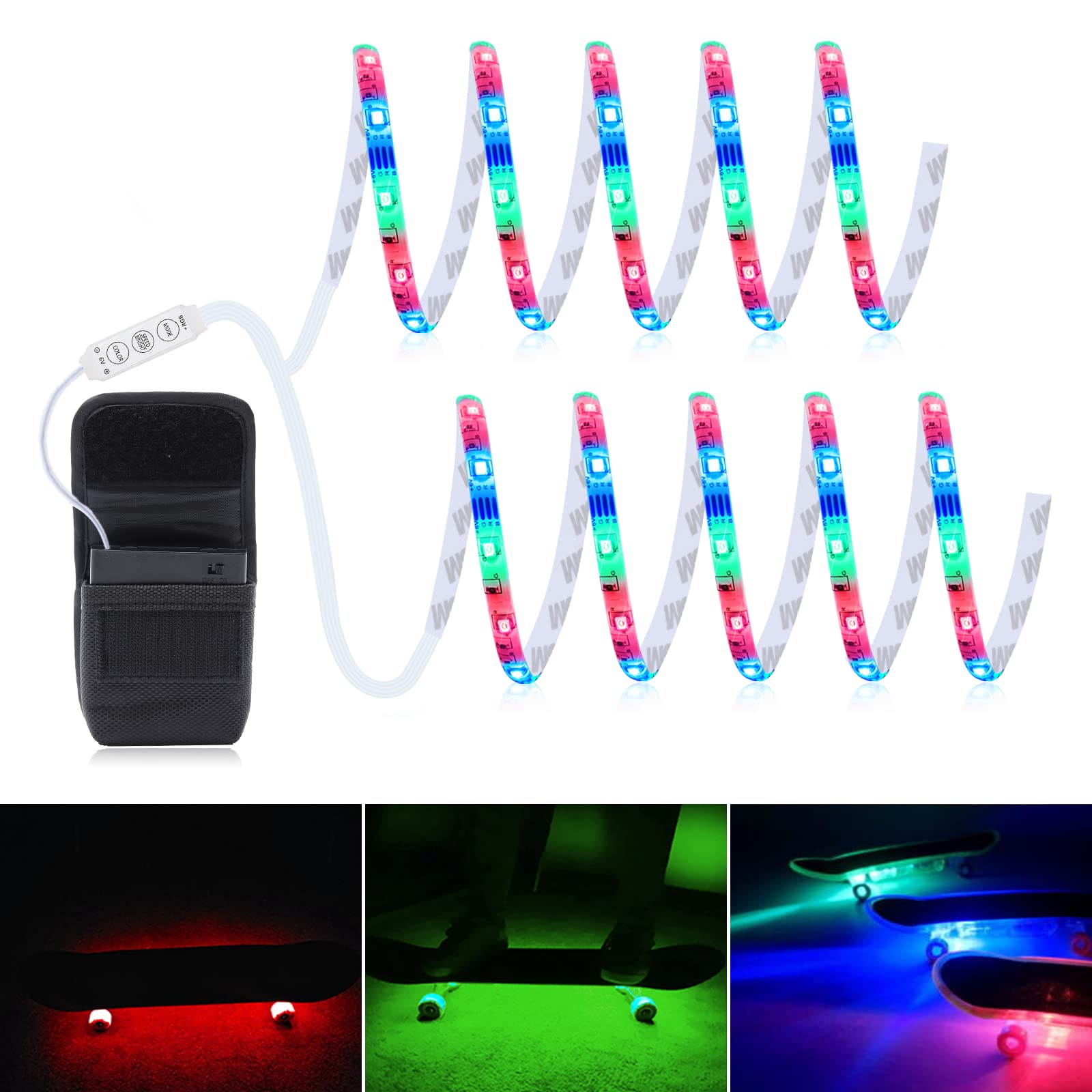 DANCRA LED Skateboard Lights, RGB Colors, 2×2.62ft Battery Powered Safety Lights for Night Riding