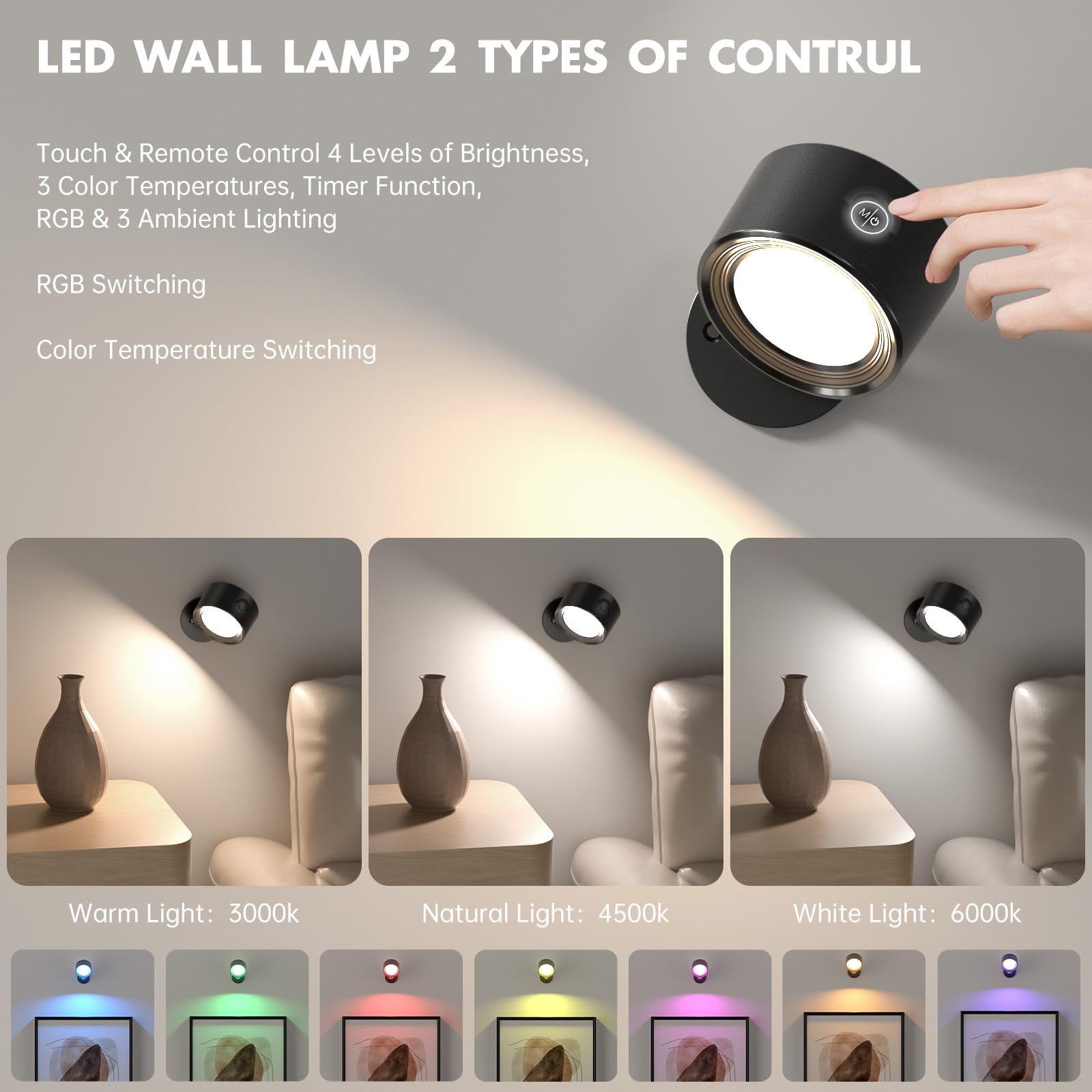 3Pcs Led Wall Mounted Lights, Rgb Ambience Wall Sconces Lamp With 3000Mah Rechargeable Battery, 3 Color Temperatures & Dimmable