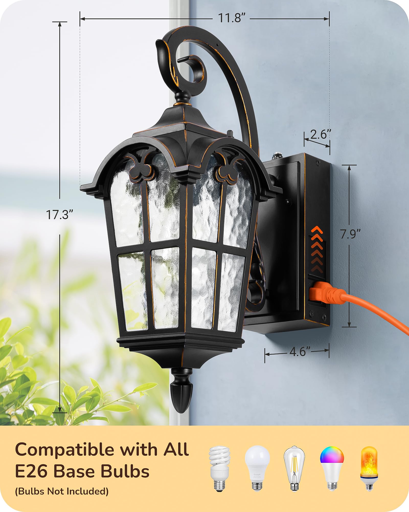 EDISHINE Dusk to Dawn Outdoor Wall Lights, Waterproof Black Aluminum Lanterns with GFCI Outlet, E26 Socket - 2 Pack