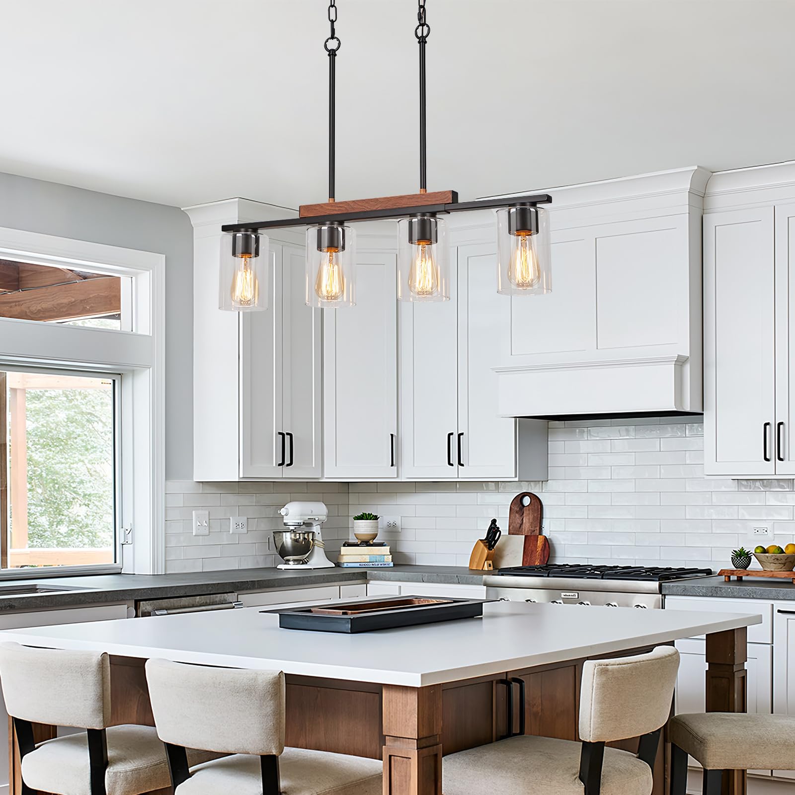 WILON 4-Light Kitchen Island Lighting Fixture, Rustic Black Chandelier with Clear Glass Shades, Model QLBD0055B