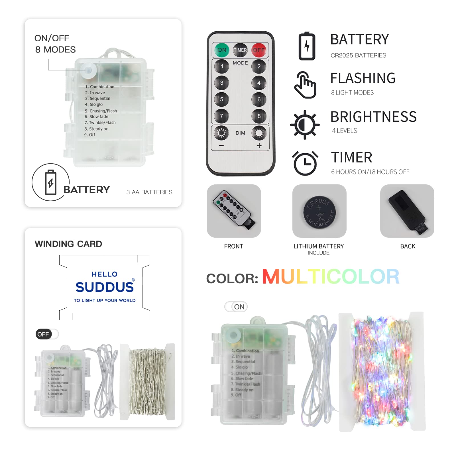 Suddus 33Ft 100 Led Outdoor String Lights, Multi Color Fairy Lights Battery Operated With Remote, Led Twinkle Lights For Bedroom, Backyard, Wedding, Tree, Mason Jar, Wall, Centerpiece, Christmas