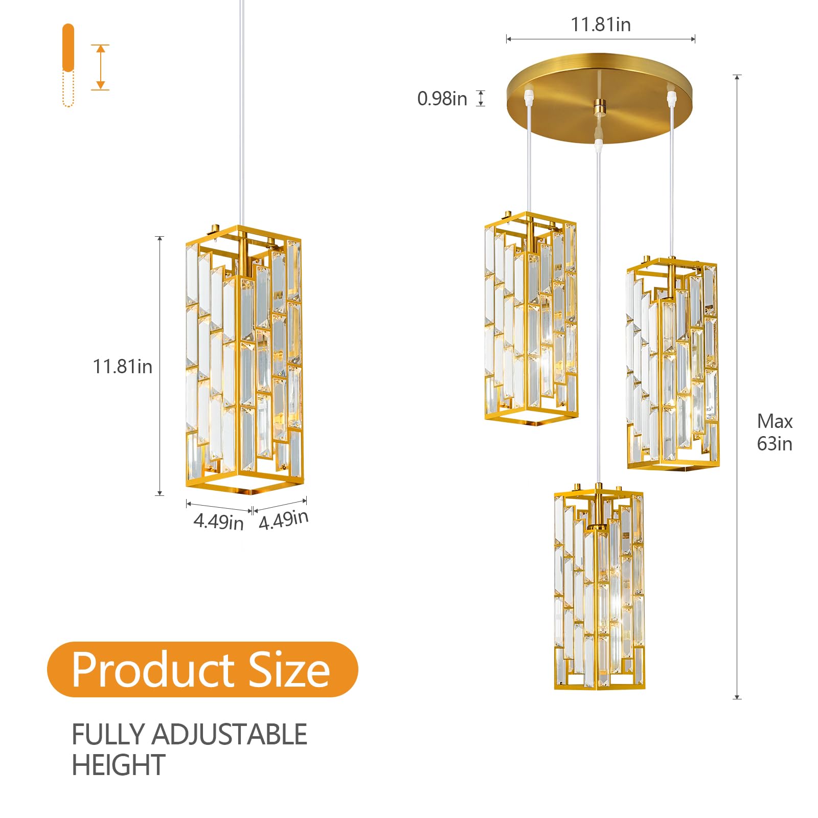 Fdpby Gold Pendant Lighting Modern Pendant Light, Mini Crystal Chandeliers,Adjustable Pendant Light Fixture For Kitchen Island Dinning Room Bedroom (3 Light)