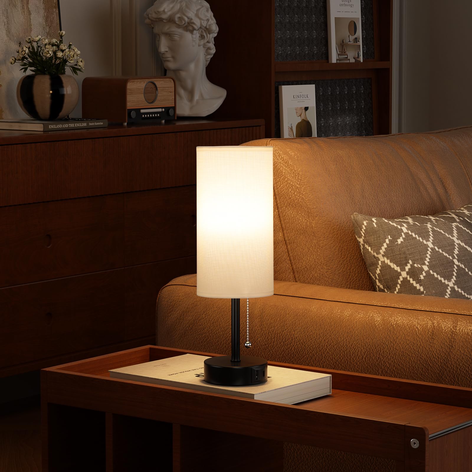 White Bedside Lamps For Bedroom Set Of 2 - Nightstand Table Lamp With Usb A + C Charging Port, 3 Color Temperatures Pull Chain N