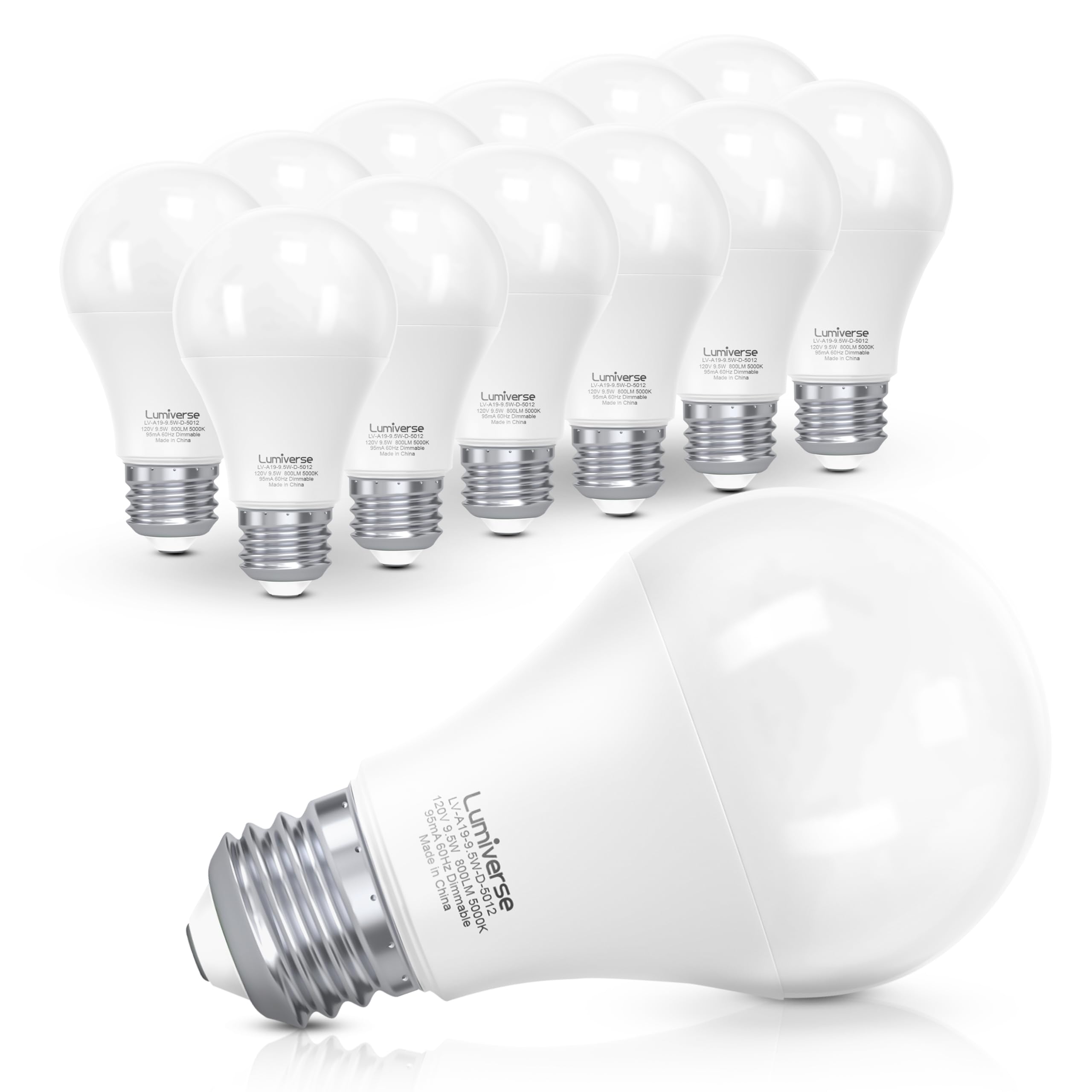 Lumiverse A19 Led Light Bulbs, Dimmable, 5000K Daylight White, 9.5W, 60W Equivalent, E26 Base, Ul Listed, 12 Pack