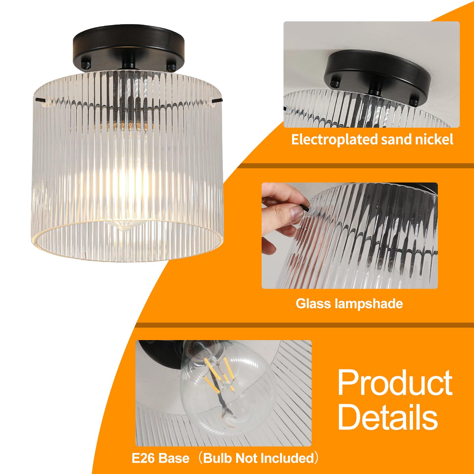 Wochos Modern Semi Flush Mount, Industrial Clear Glass Ceiling Lamp, Crystal, Farmhouse Light For Entryway, Hallway, Kitchen, Di