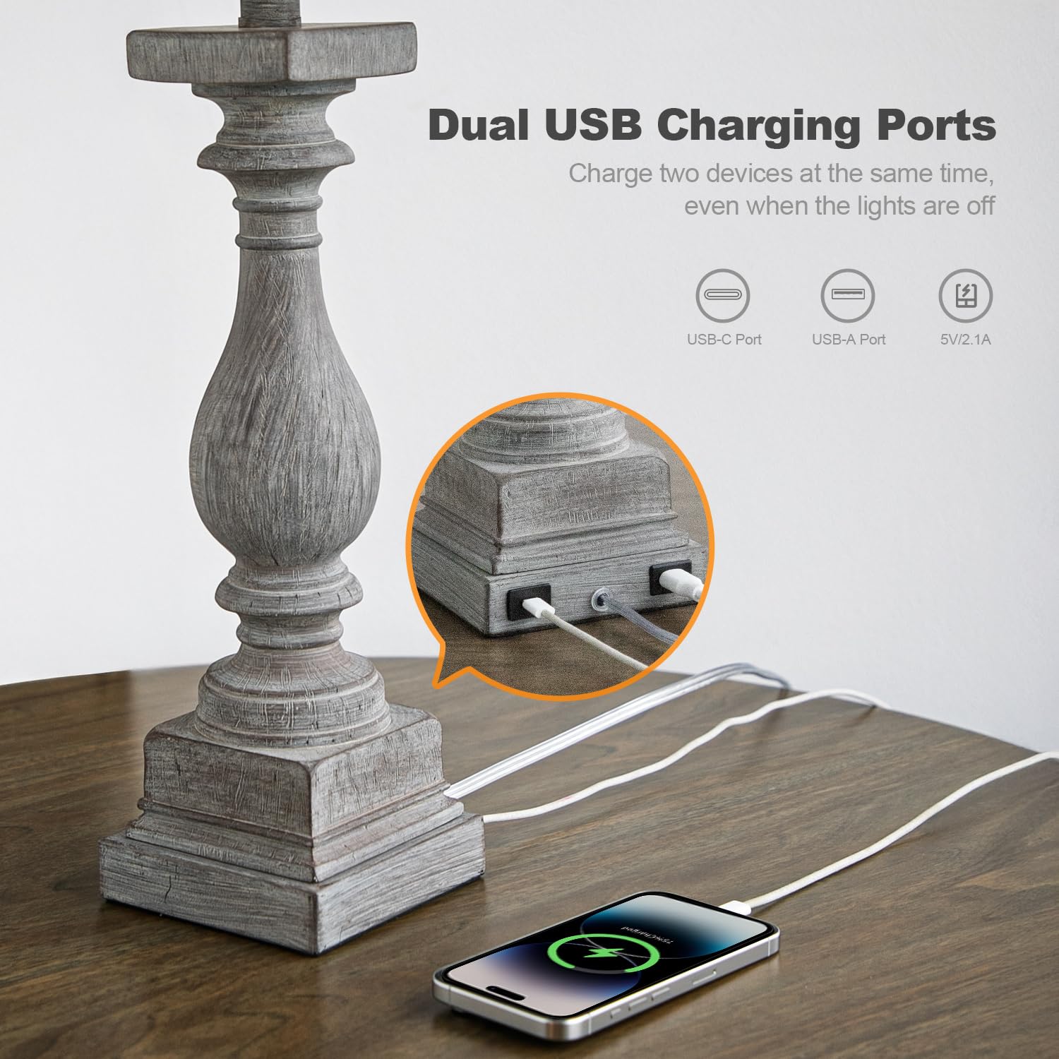 Bobomomo 27'' Farmhouse Table Lamps With Usb-A +C Ports, Vintage Rustic Lamps For Living Room, Linen Shade, Retro Side Table Lam