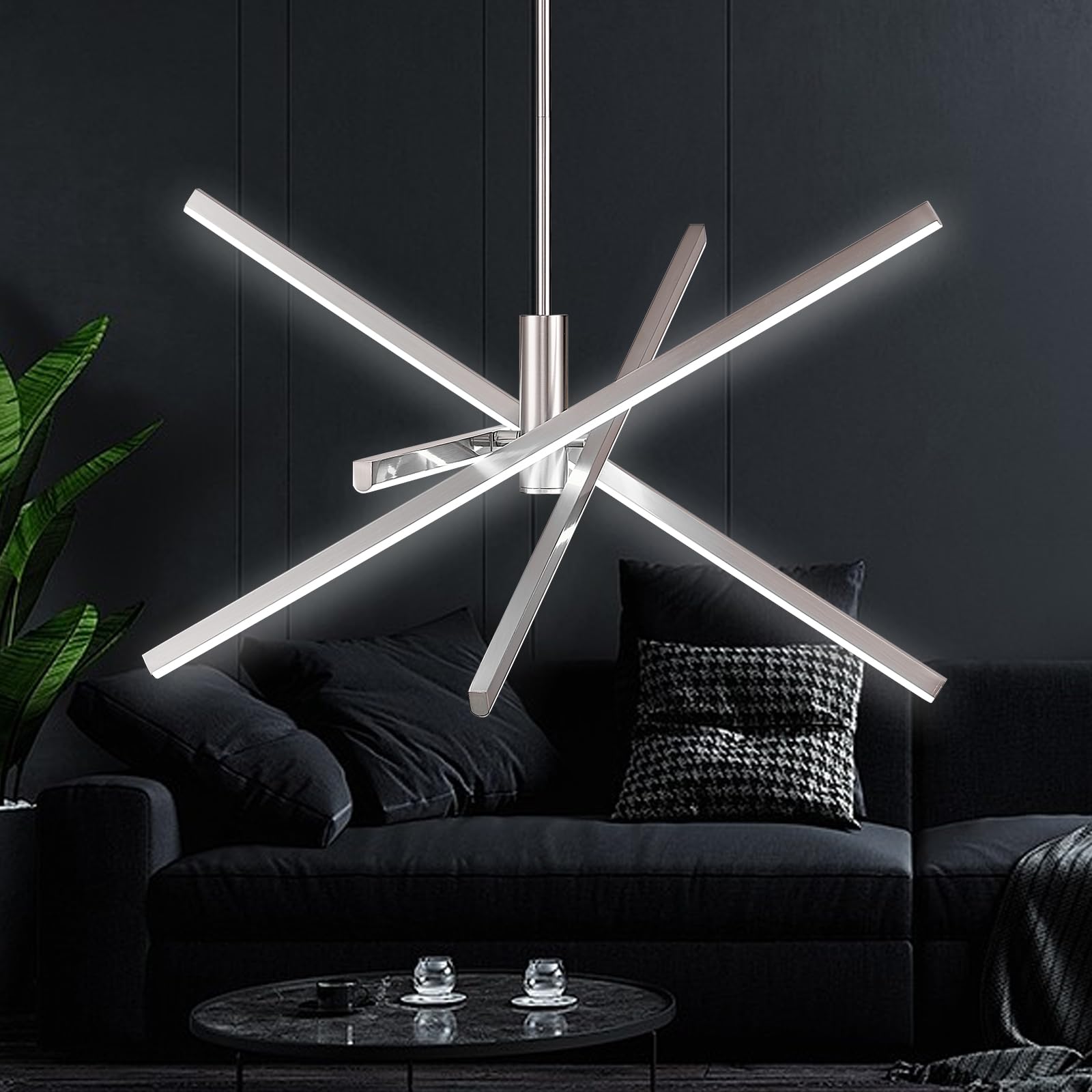 AIRYPHANT Nickel Modern LED Chandelier, Dimmable 4 Lights Ceiling Pendant Lighting for Dining Room Living Room Kitchen Island Be