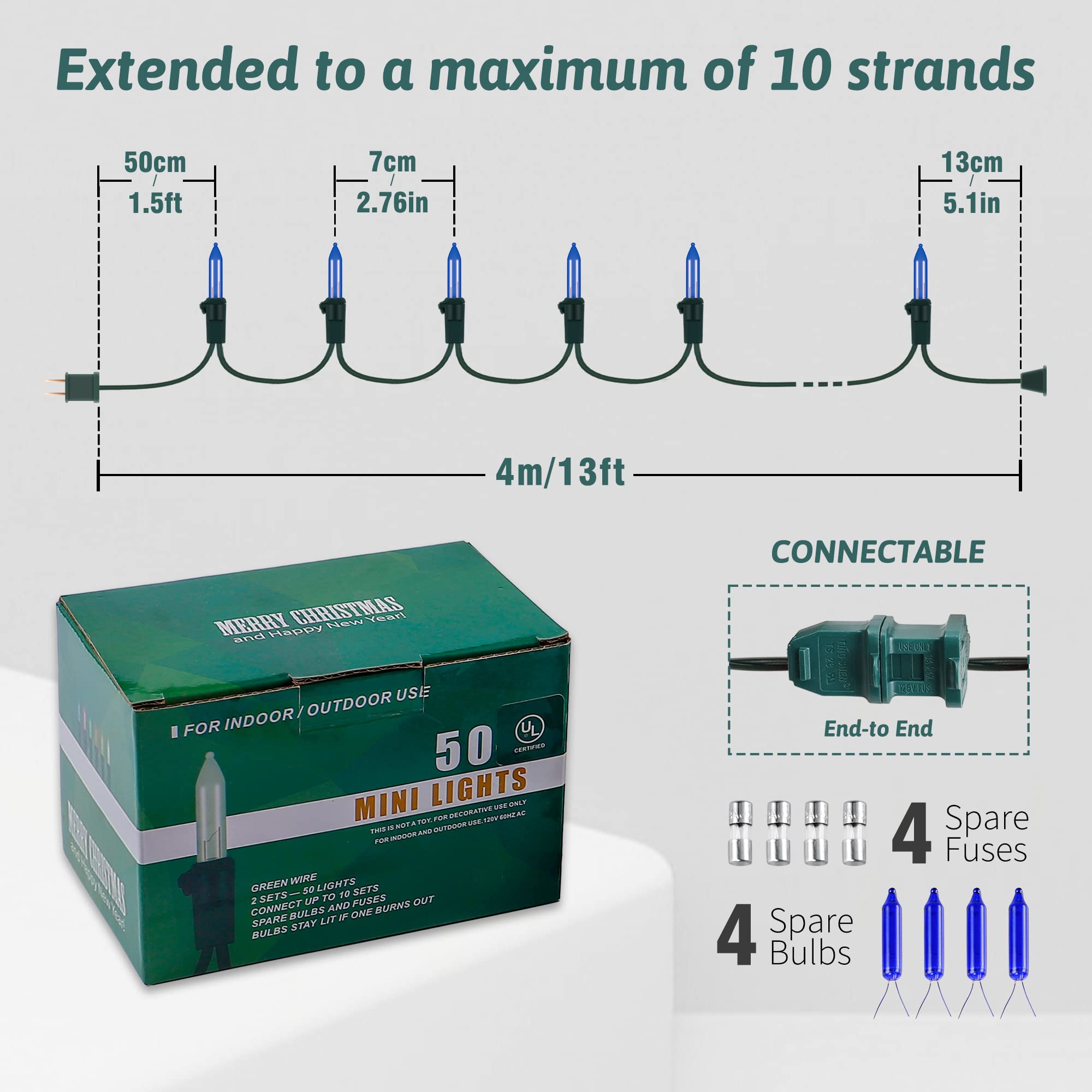 Woohaha Christmas Lights, 50-count Mini String Lights, 2 Pack, 13FT, UL Certified, Copper Wire, Blue, Indoor/Outdoor Decor