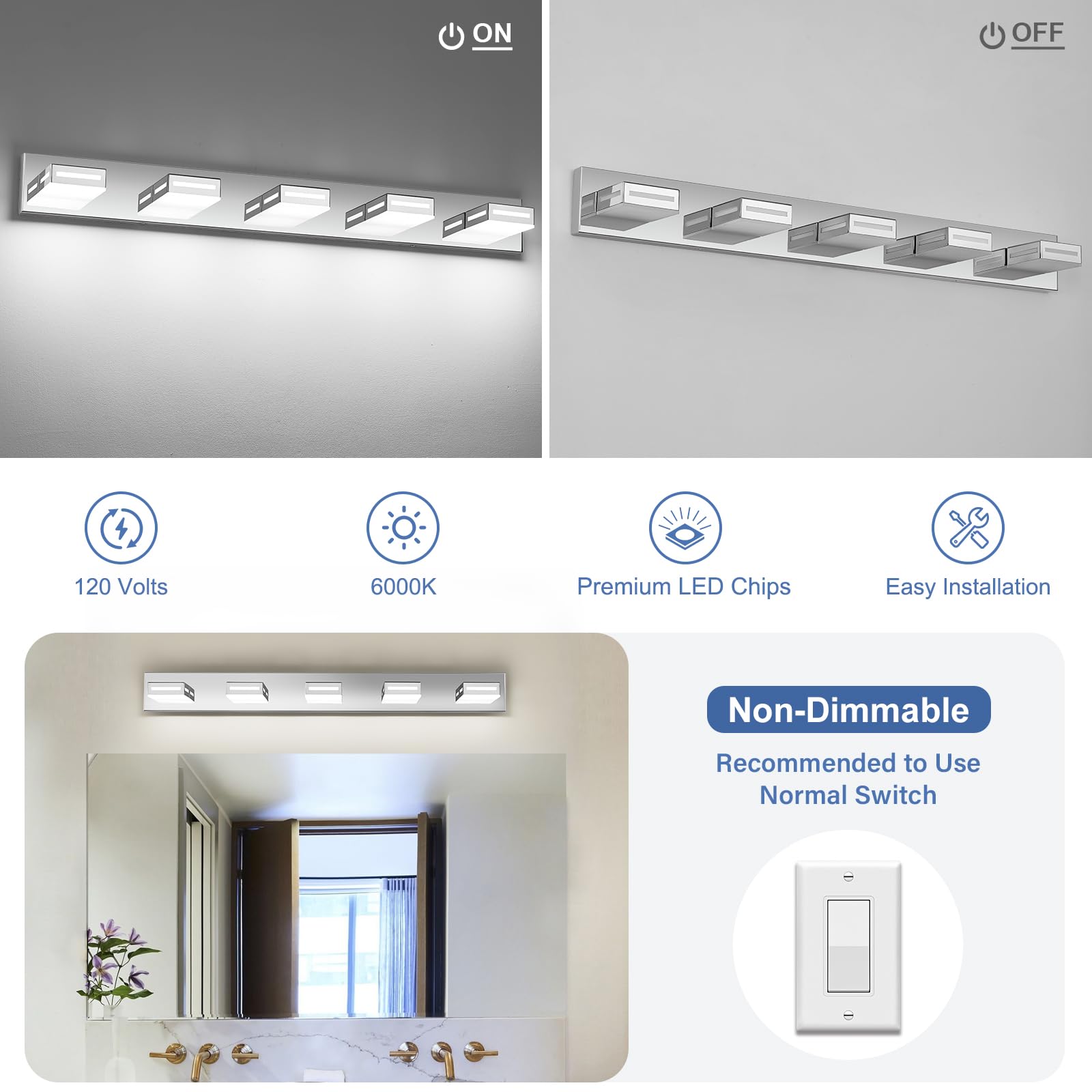 Donrao 40-Inch 5-Light LED Chrome Bathroom Vanity Light Fixture, Rotatable Wall Lights, Cool White 6000K, Model DY24092000011