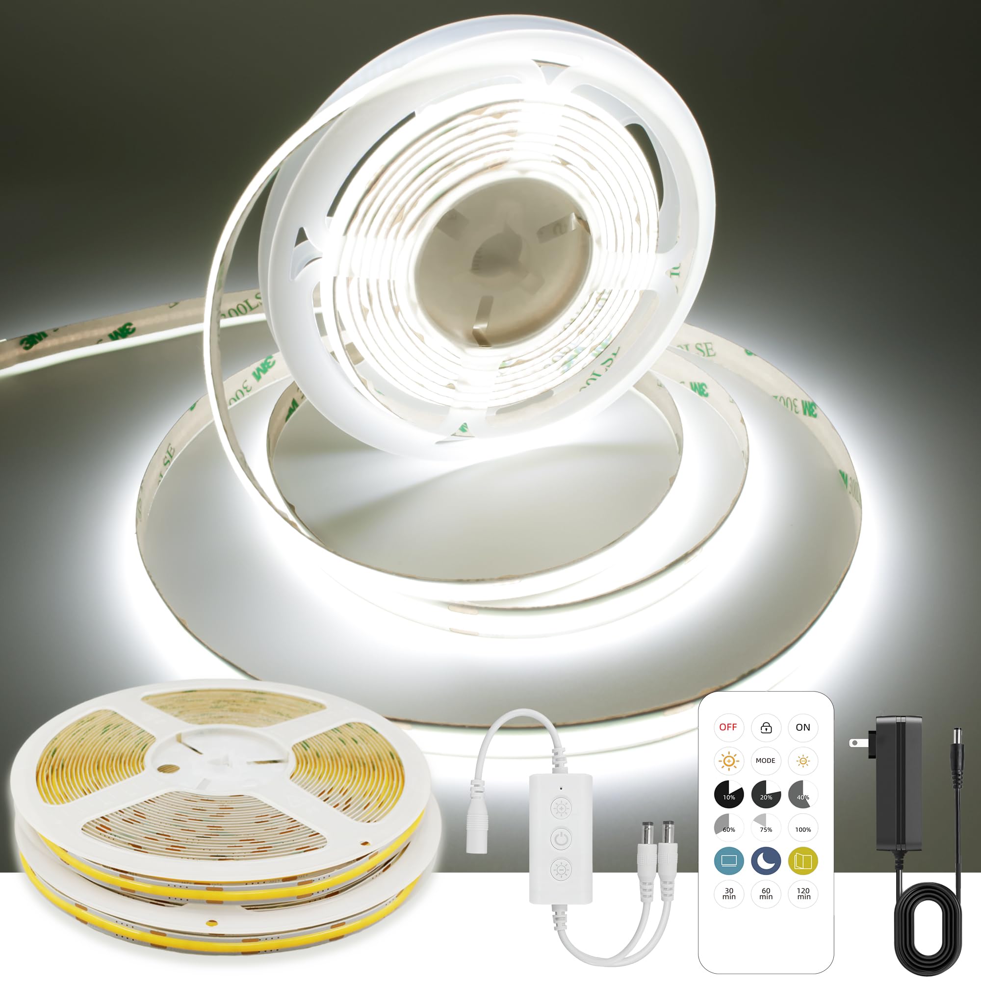 AXMOTUT 65.6ft White COB LED Band Light  High Bright LED Bands with 320LEDs  RF Remote and UL Power Supply  6000K Dimmable LED Lights for Bedroom  Kitchen  DIY Home Decoration  2 Rolls of 32.8ft