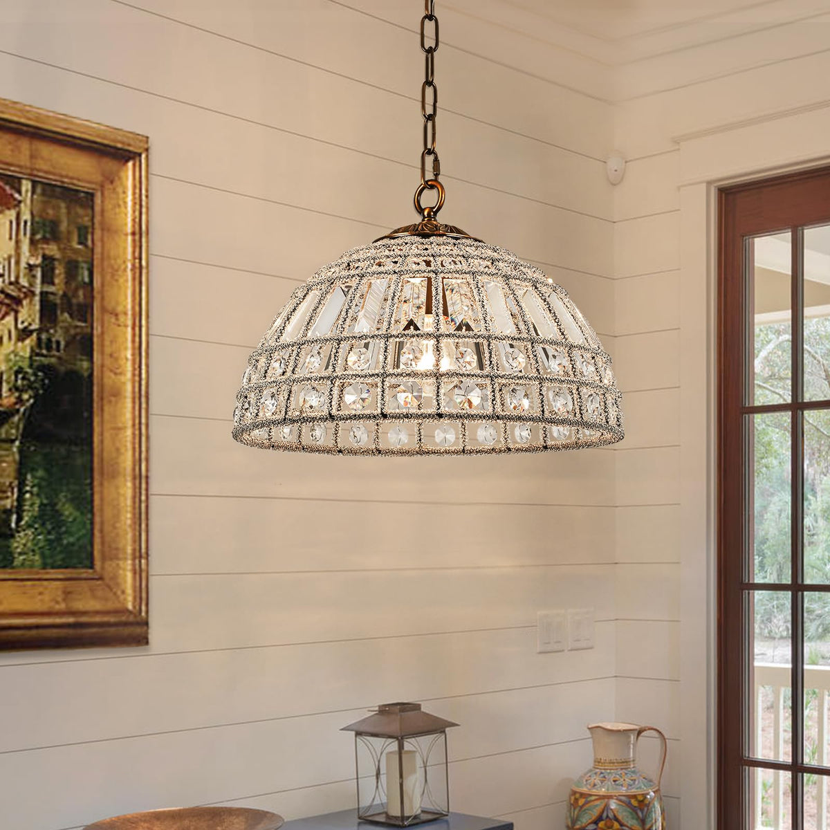HUOKU Antique Bronze Crystal Chandelier, 15'' Adjustable Crystal Hemisphere Small Classic Dome Pendant Light Fixture for Living 