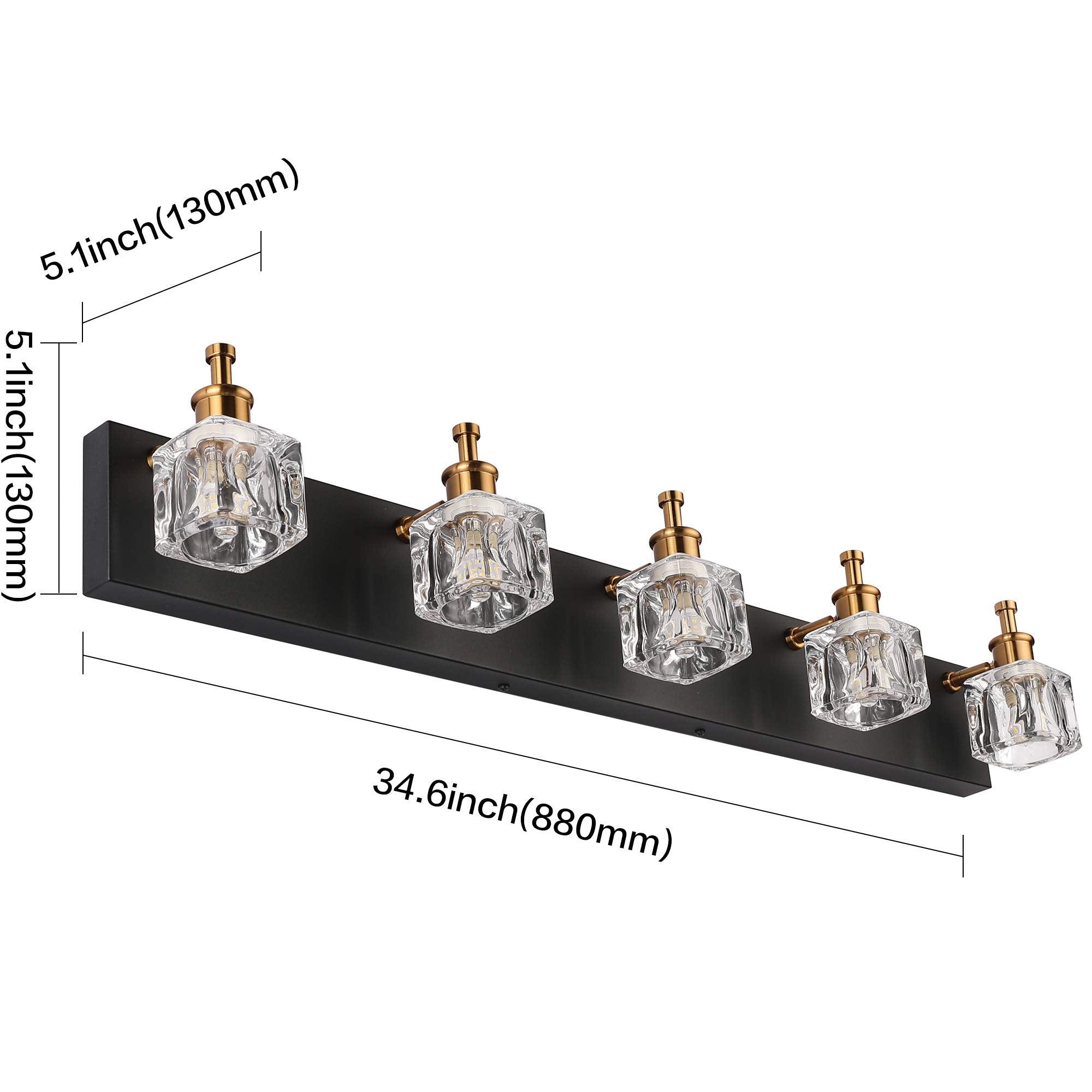 PRESDE Black Bath Vanity Light Fixture - Modern 5-Light Sconce, Glass Shade, Matte Black, Model 7770-5T