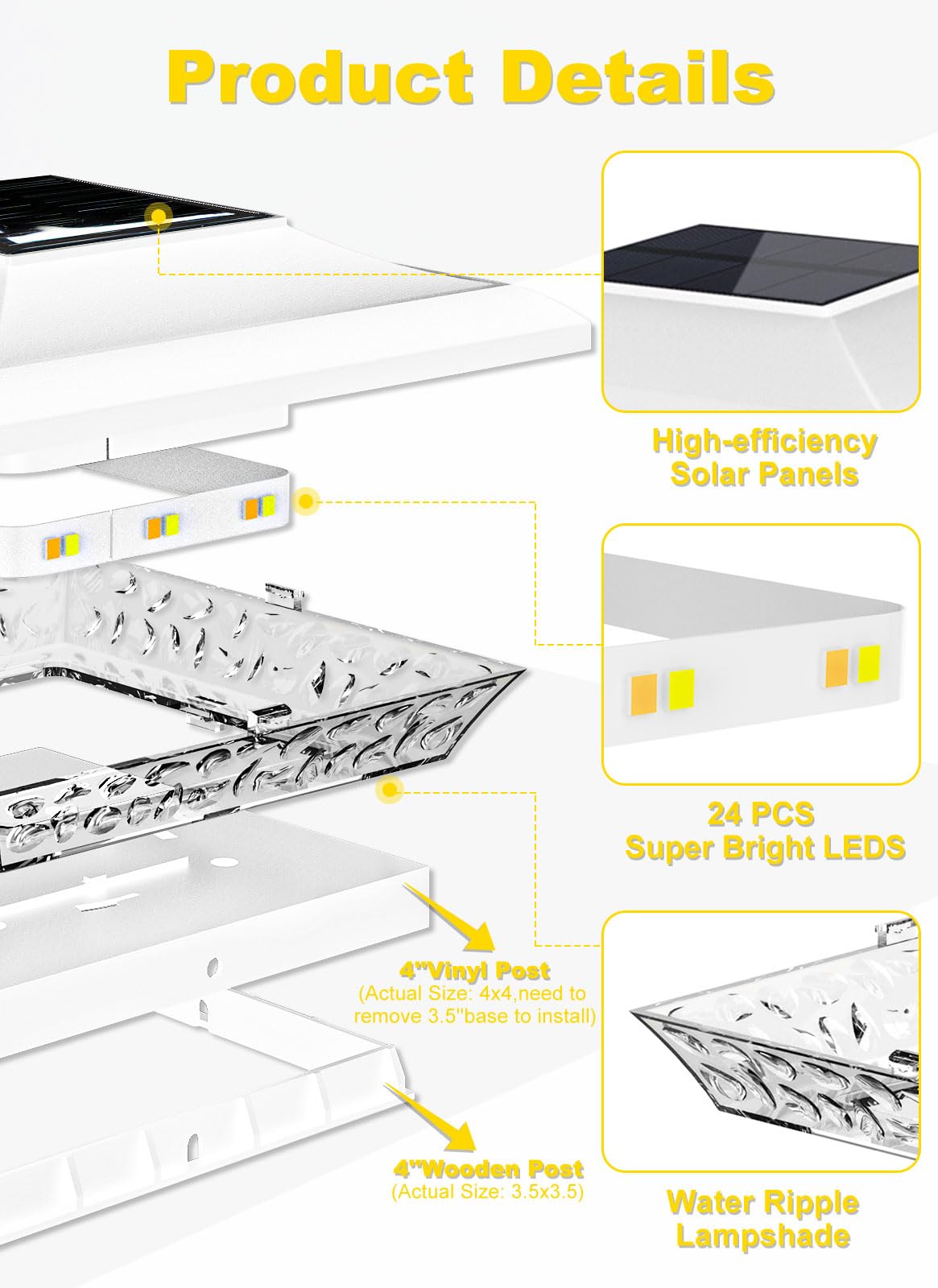 T-Sun 4X4 Post Cap Lights 12 Pack For Vinyl/Wooden Fence Auto Dusk To Dawn Outdoor Waterproof Warm & Cool White Solar Powered Deck/Patio Lighting