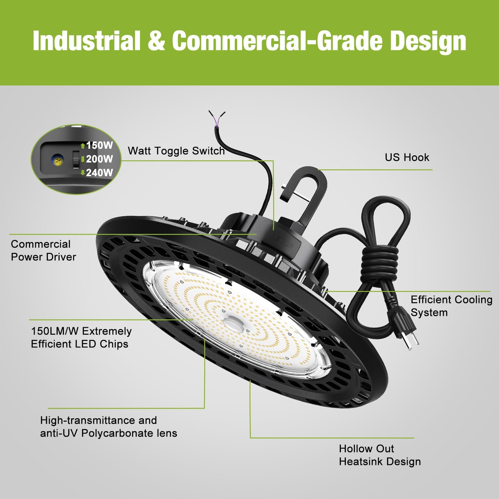 Yxl 240W 2 Pack Super Bright High Bay Led Lights, Ufo High Bay Led Shop Lights 36000Lm 5000K, 0-10V Dimmable,Us Plug 5' Cable, 100-277V High Bay Lights For Shop Barn Warehouse,Ul