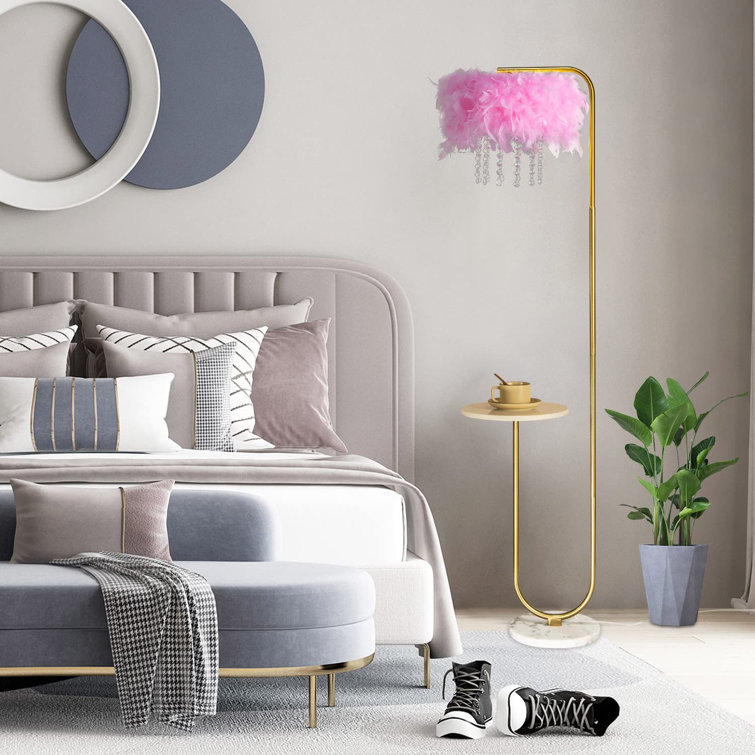 Beaysyty Unique Led Pink Feather Floor Lamp With Tray,Ostrich Feather Stand Lamp,Living Room Bedroom Office Shop Window Decorati