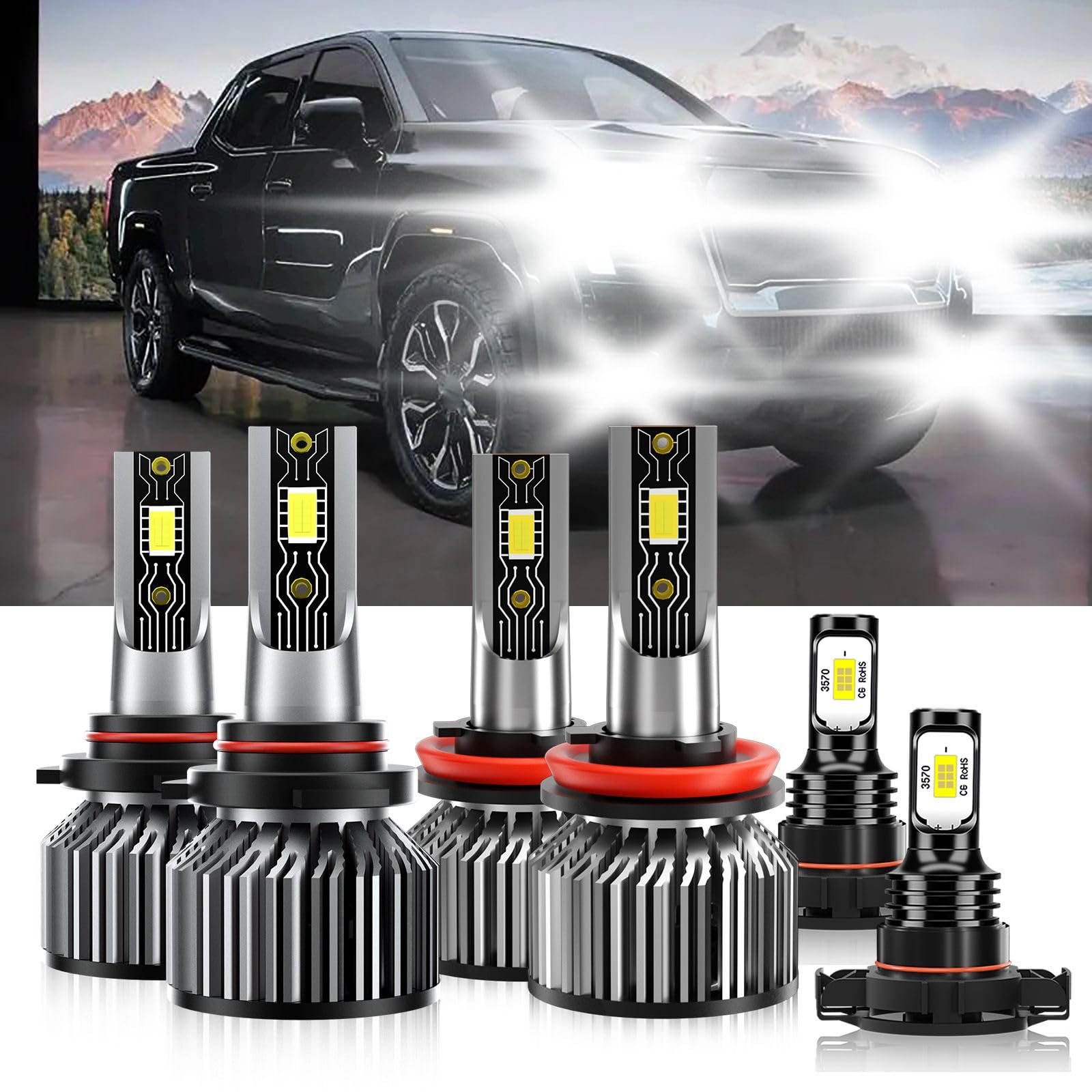 TXBILMOO High/Low Beam & Fog Light Bulbs, 600% Brightness, 6500K White, For GMC Sierra 2500 HD 2007-2014,
