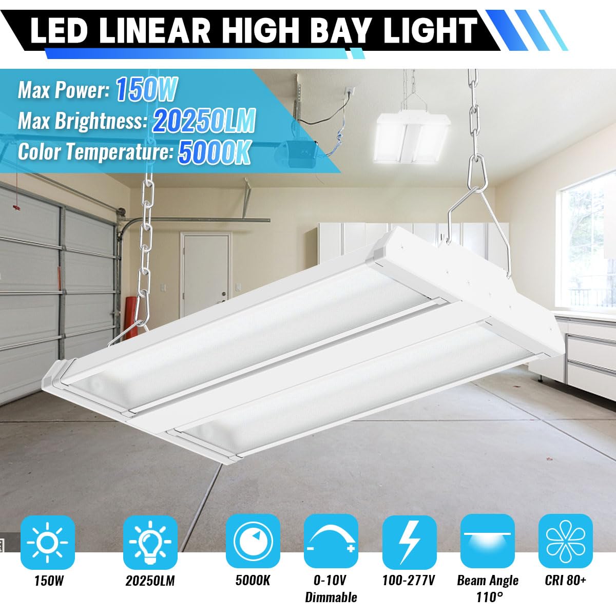 Led Linear High Bay Shop Light 1-Pack, 5000K Daylight 300W 40500Lm 0-10V Dimmable, Adjustable Tilt Hanging Led Shop Light Fixtur