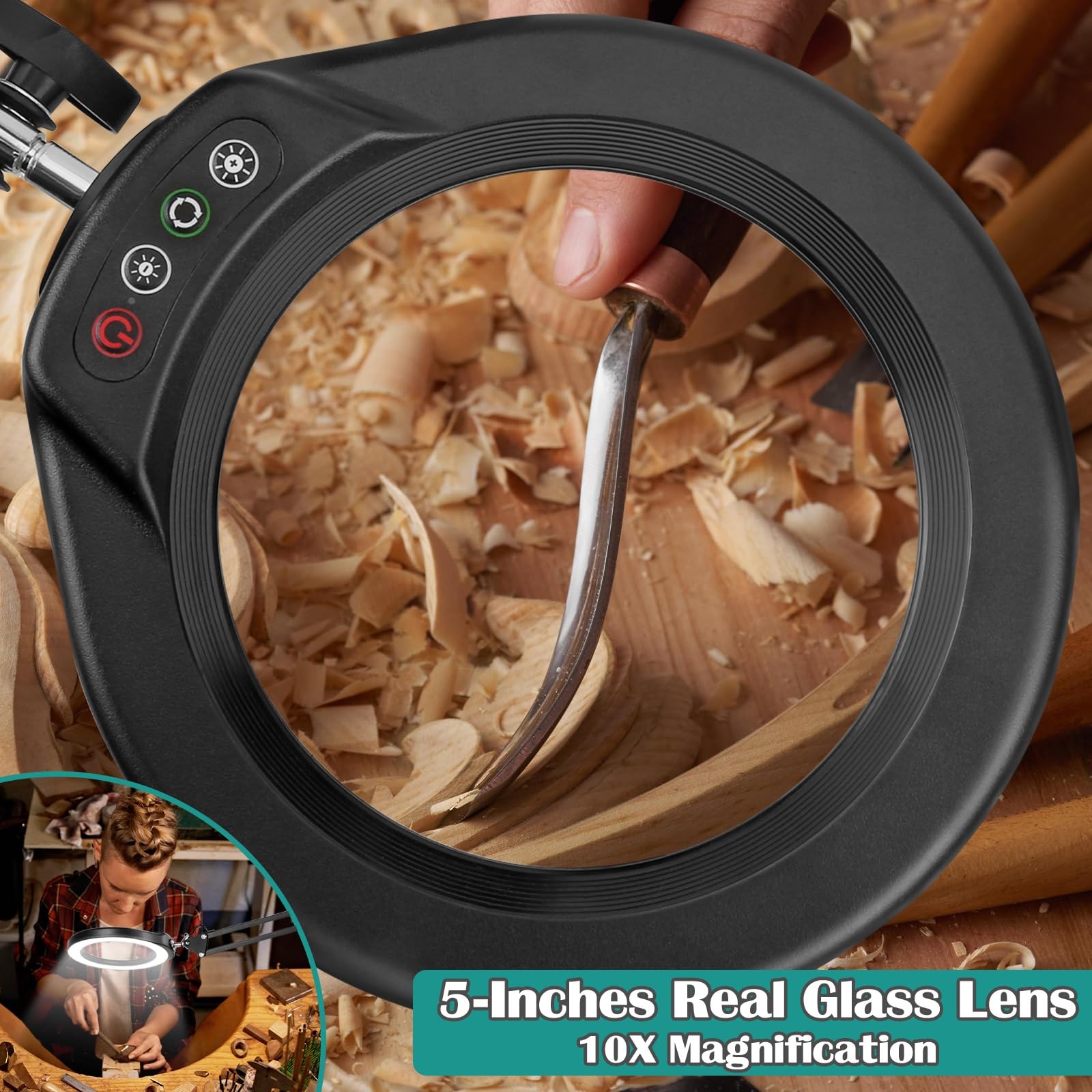 5 Inch Real Glass Magnifying Glass With Light And Clamp, 10X Led Adjustable Swivel Arm Desk Lamp, 5 Color Modes Brightness Steep