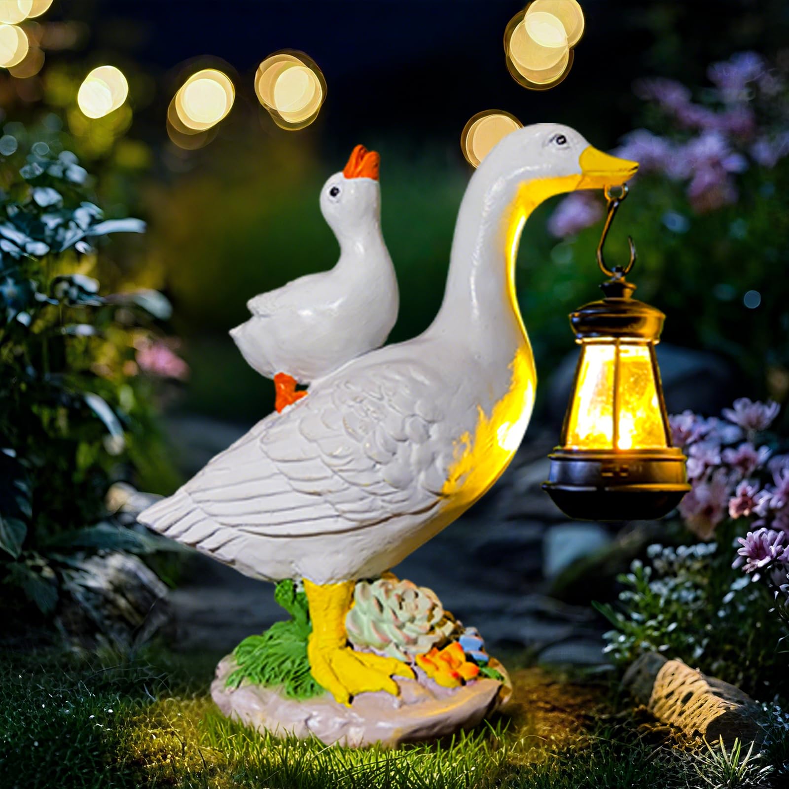 QCF Solar Garden Porch Goose Statues Decor,Outdoor Resin Figurines Light for Yard Patio Lawn,Garden Decorations Gifts for Mom