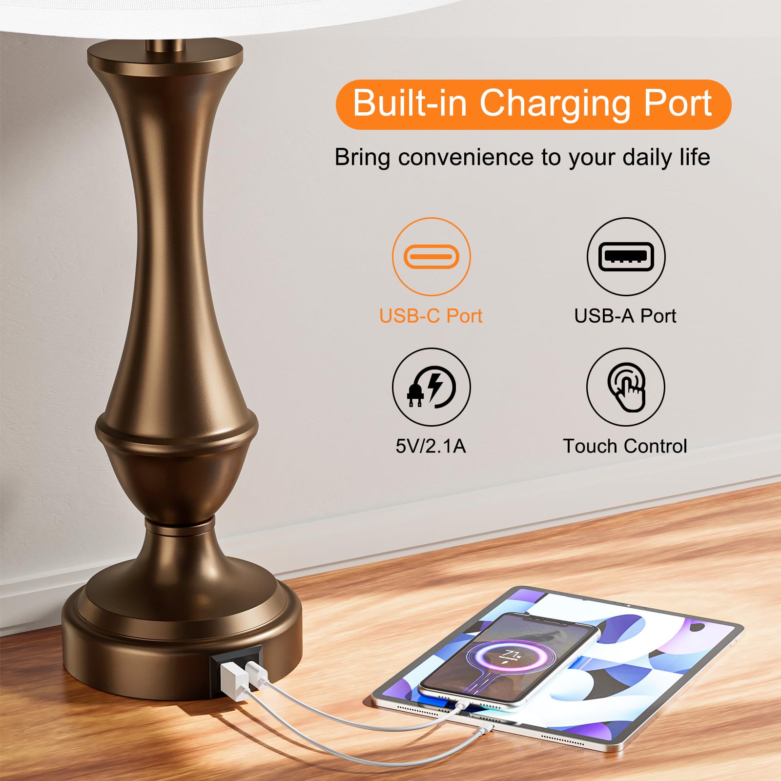 Seealle Touch Lamps Set of 2 - 3 Way Dimmable, USB C+A, Metal, White Shade & Brown Base, Model 04079
