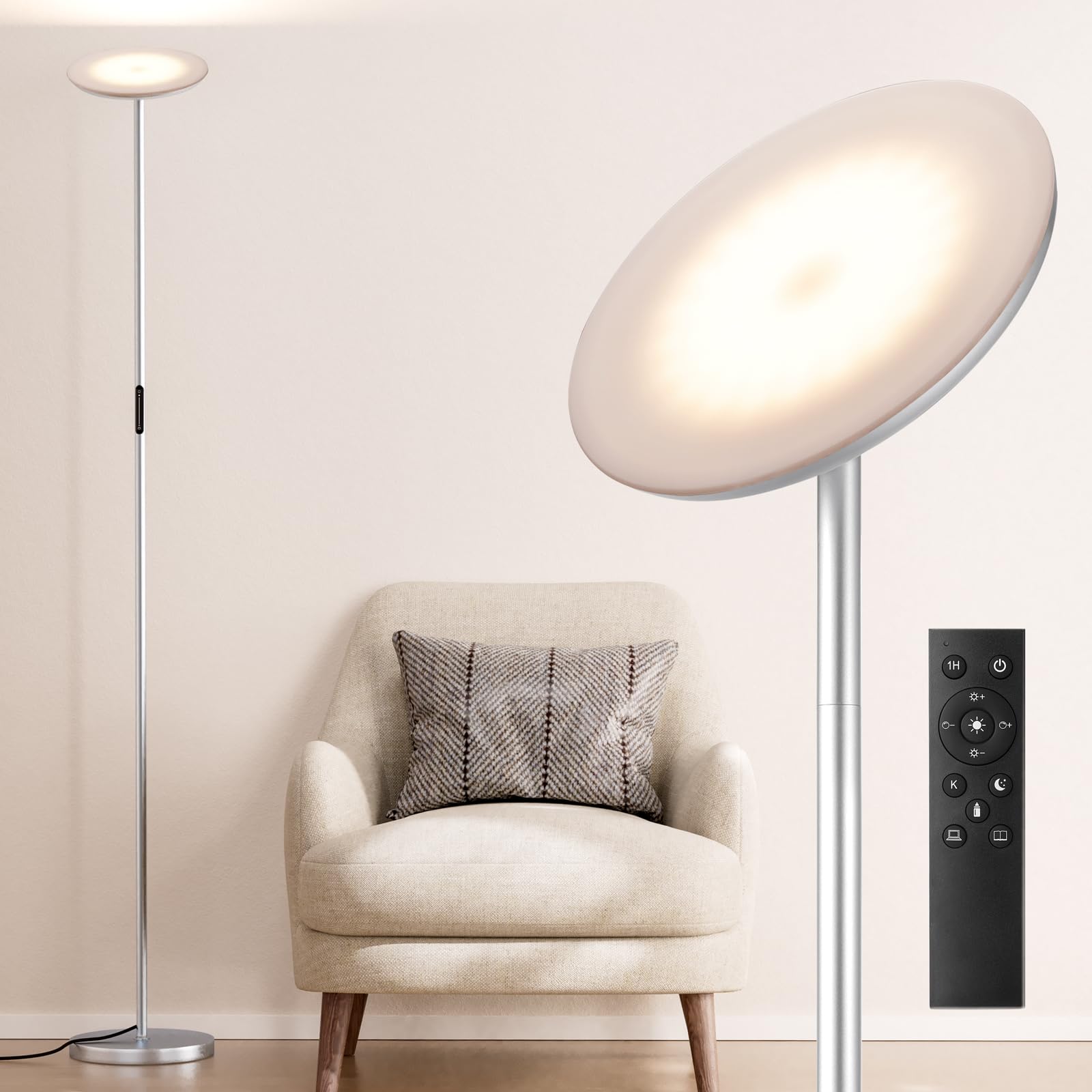 PreeOtti Modern LED Floor Lamp - Remote & Touch Control, 36W/1500LM Sky Torchiere Standing Lamp, Fully Dimmable, 3 Color Tempera
