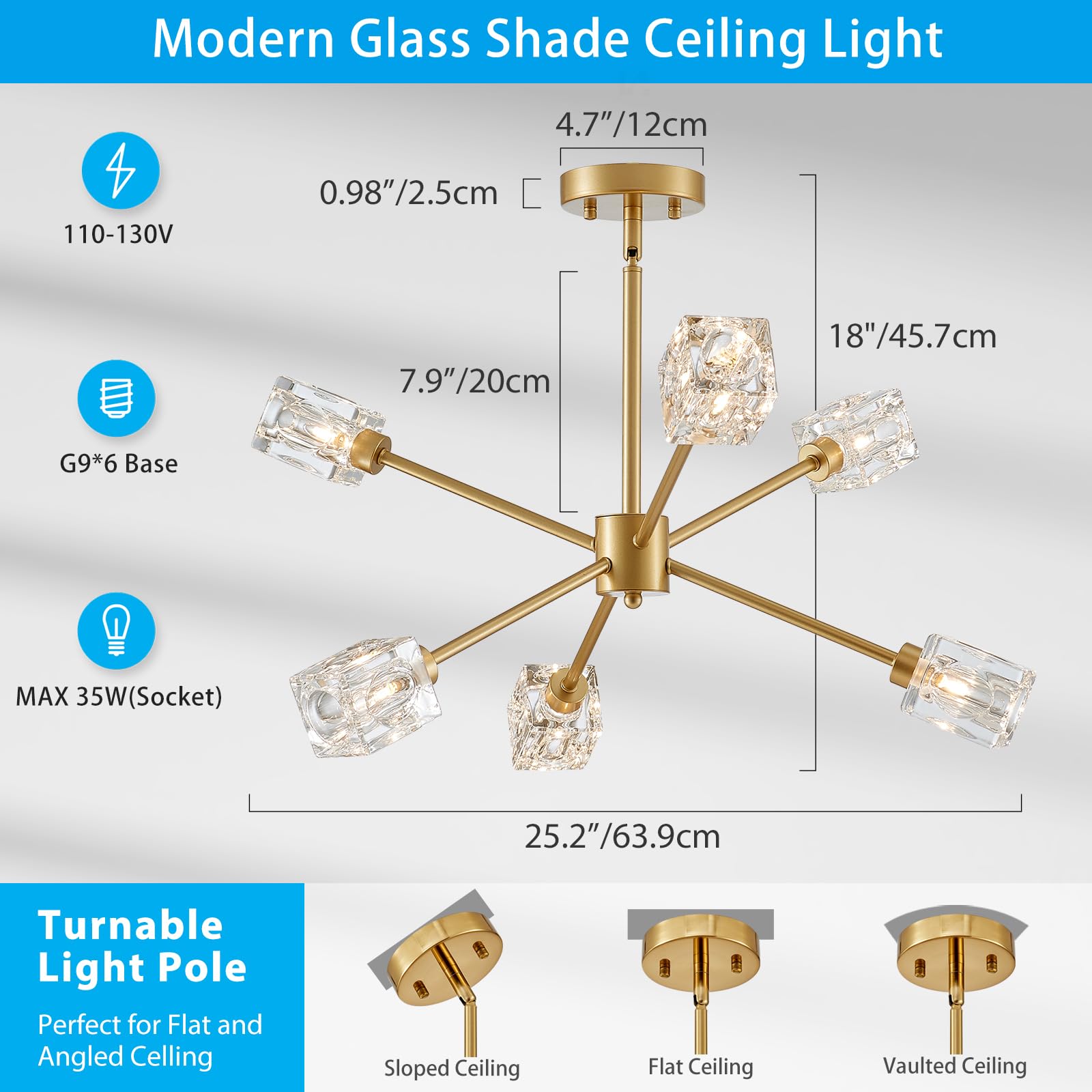 Xingqi Gold Ceiling Light 25.2'' Sputnik 6-Light Modern Glass Chandelier Unique Ceiling Lighting For Dining Room Bedroom Entrywa